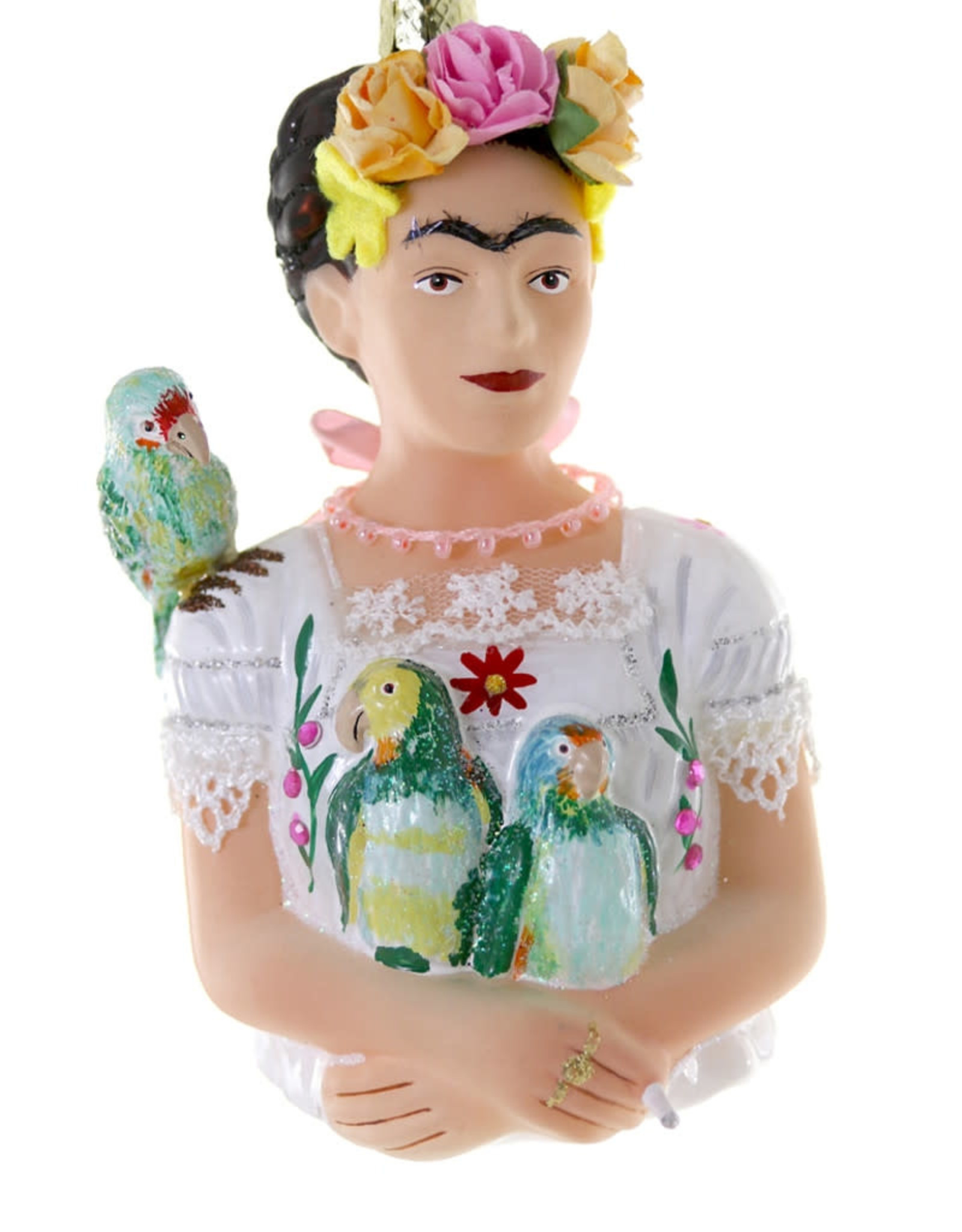 Cody Foster ORNAMENT-GLASS-FRIDA KAHLO W/PARROTS