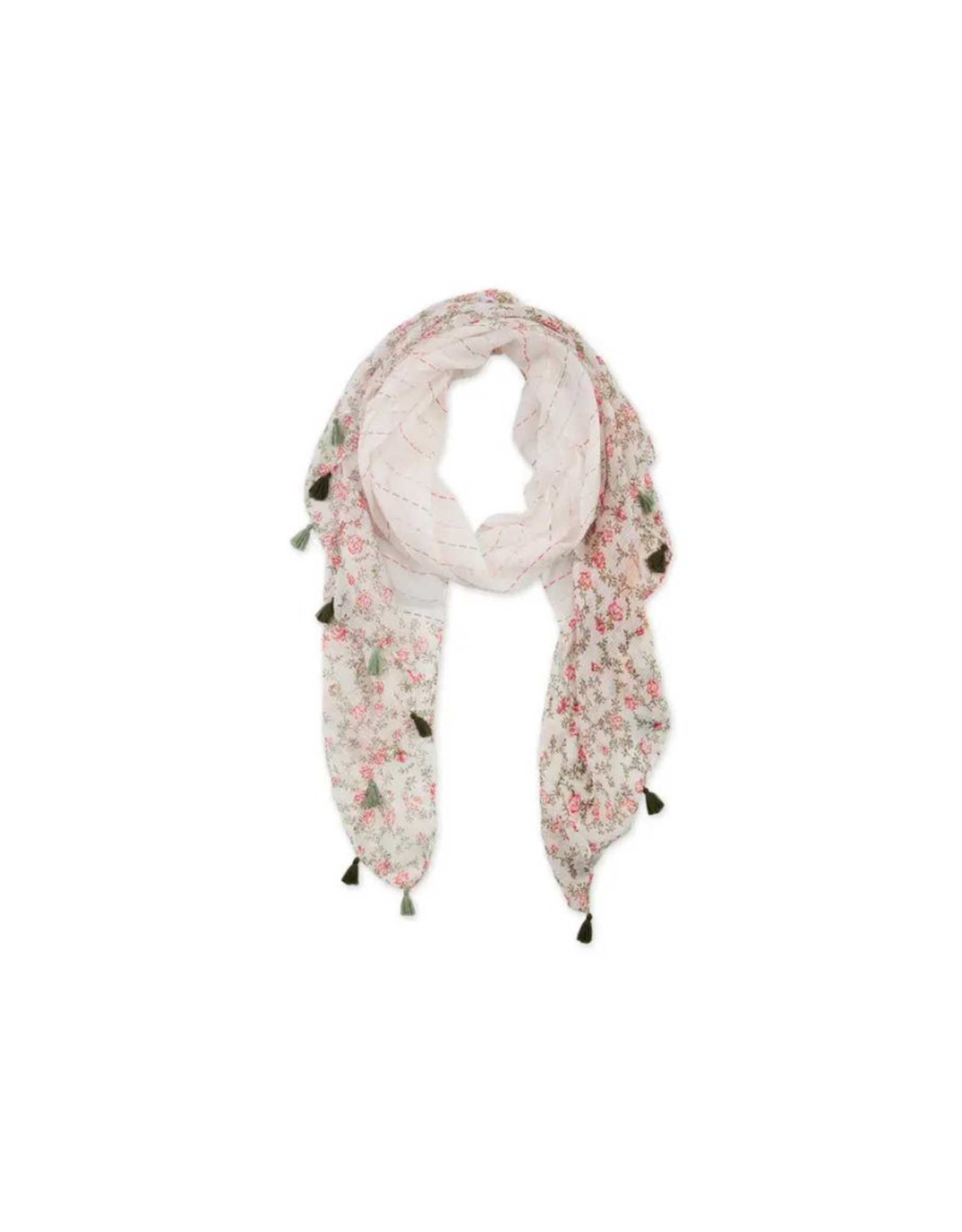 Faire/Hadley Wren SCARF-FOLK MEADOW PK/WHT W/TASSELS