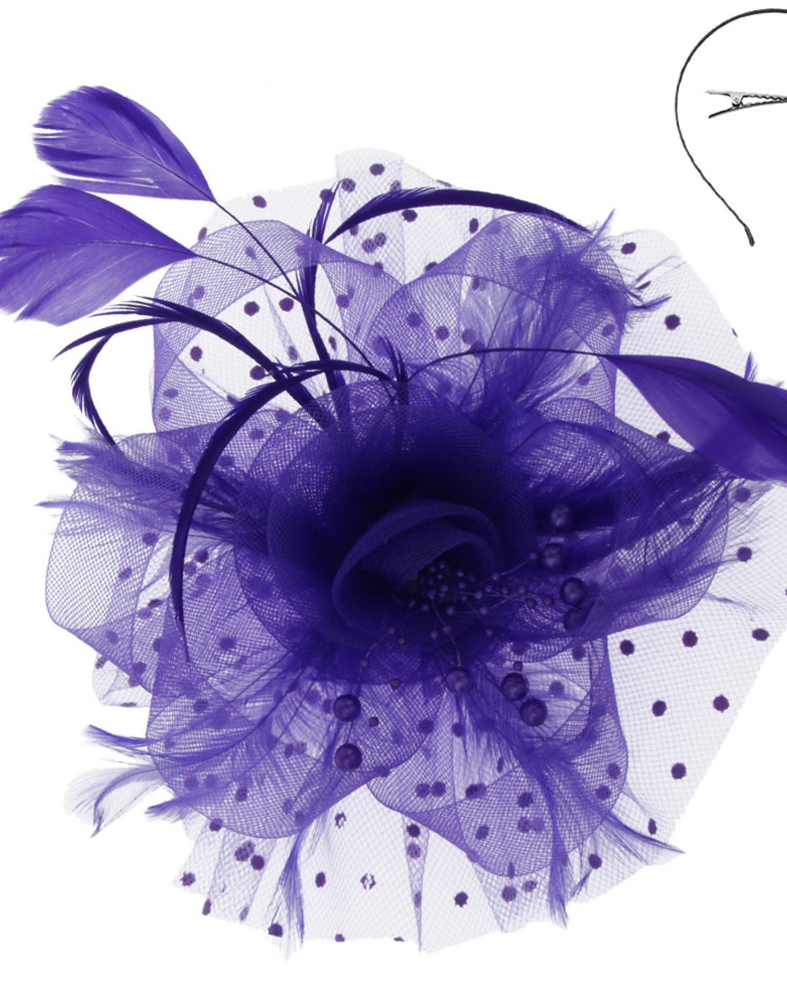 FASCINATOR-FLORAL FEATHER W/DOTTED VEIL