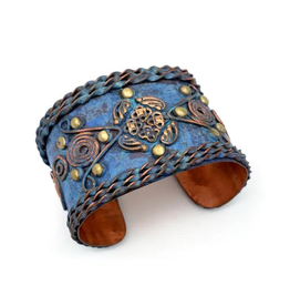 Faire/Anju Jewelry BRACELET CUFF-COPPER PATINA BLUE FILIGREE/RIVETS