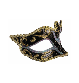 MASK-EYEMASK W/RIBBON GOLD TRIM BLK/SLVR