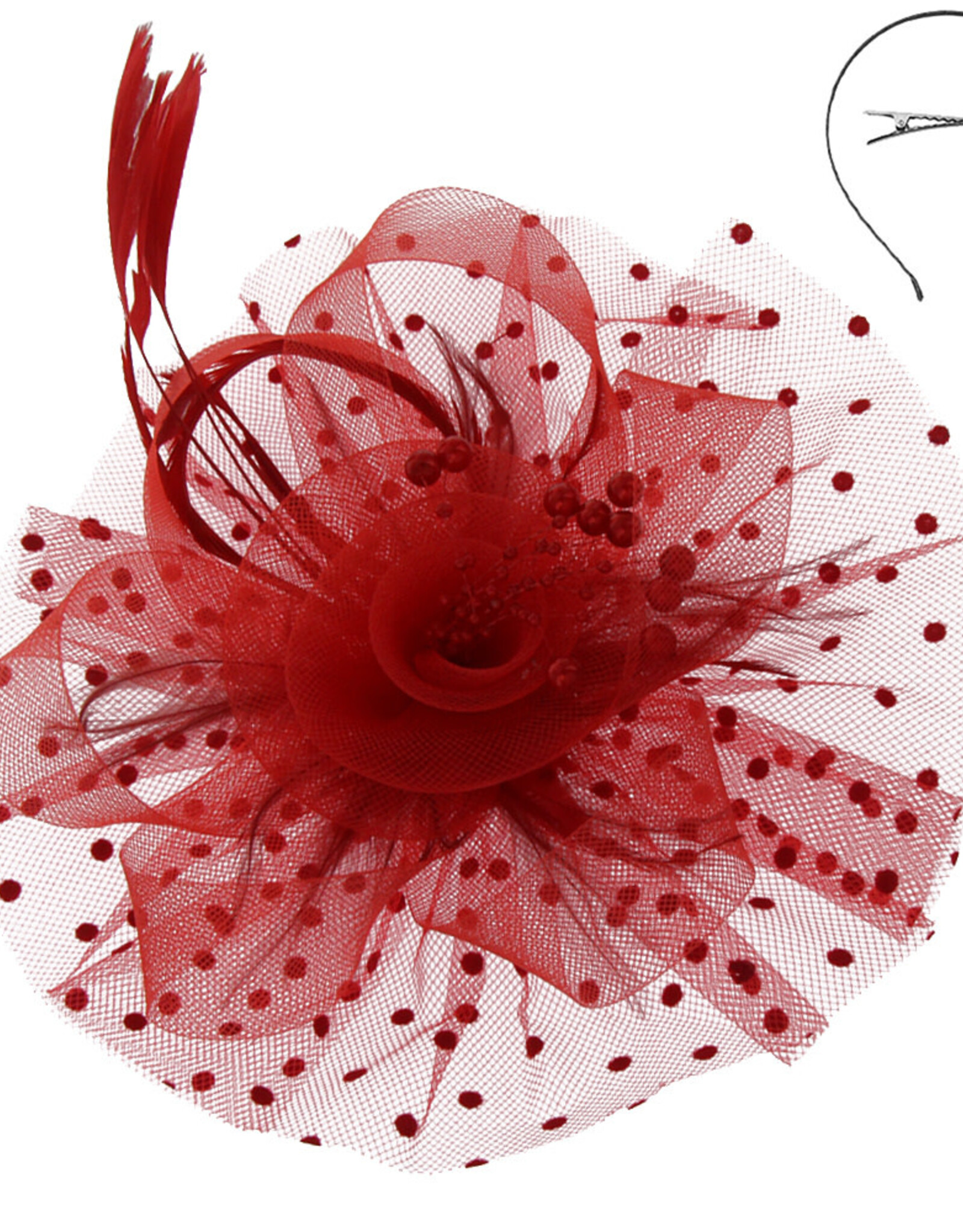 FASCINATOR-FLORAL FEATHER W/DOTTED VEIL