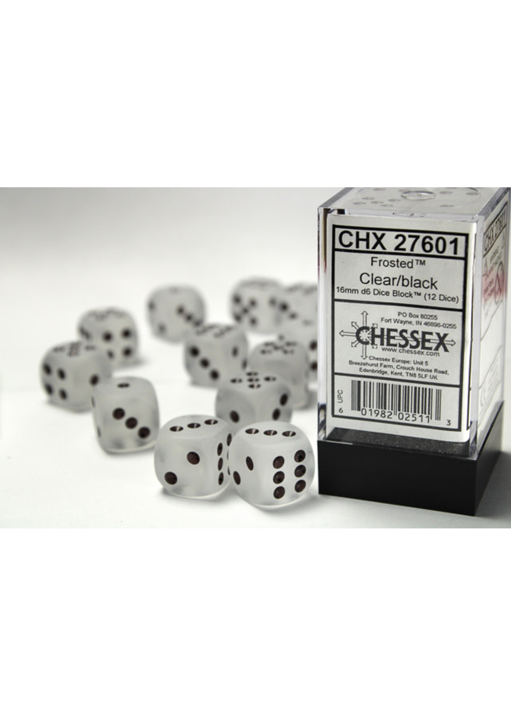 Chessex Frosted Clear/black 16mm d6 Dice Block (12 dice)