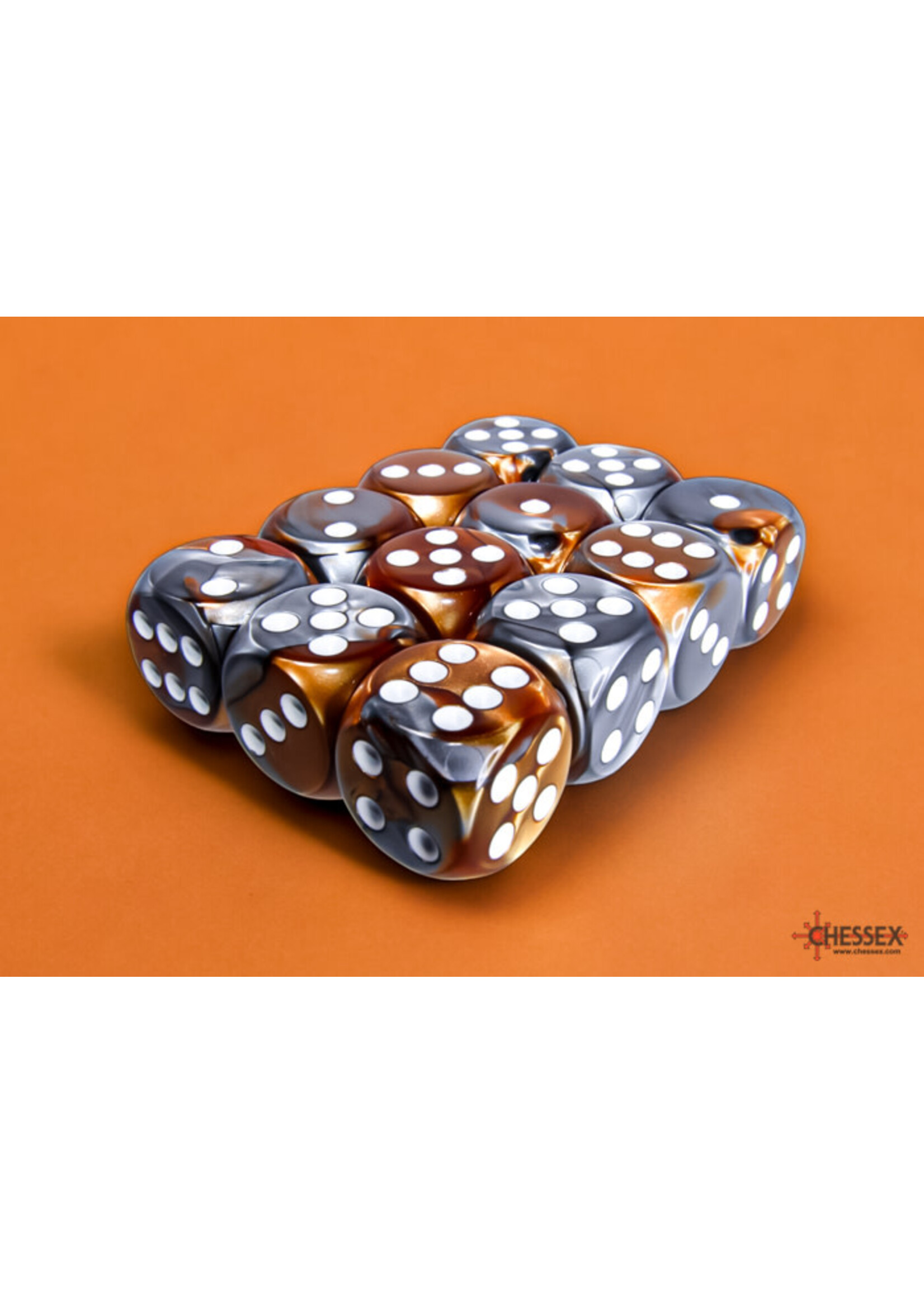 Chessex Gemini Copper-Steel/white 16mm d6 Dice Block (12 dice)