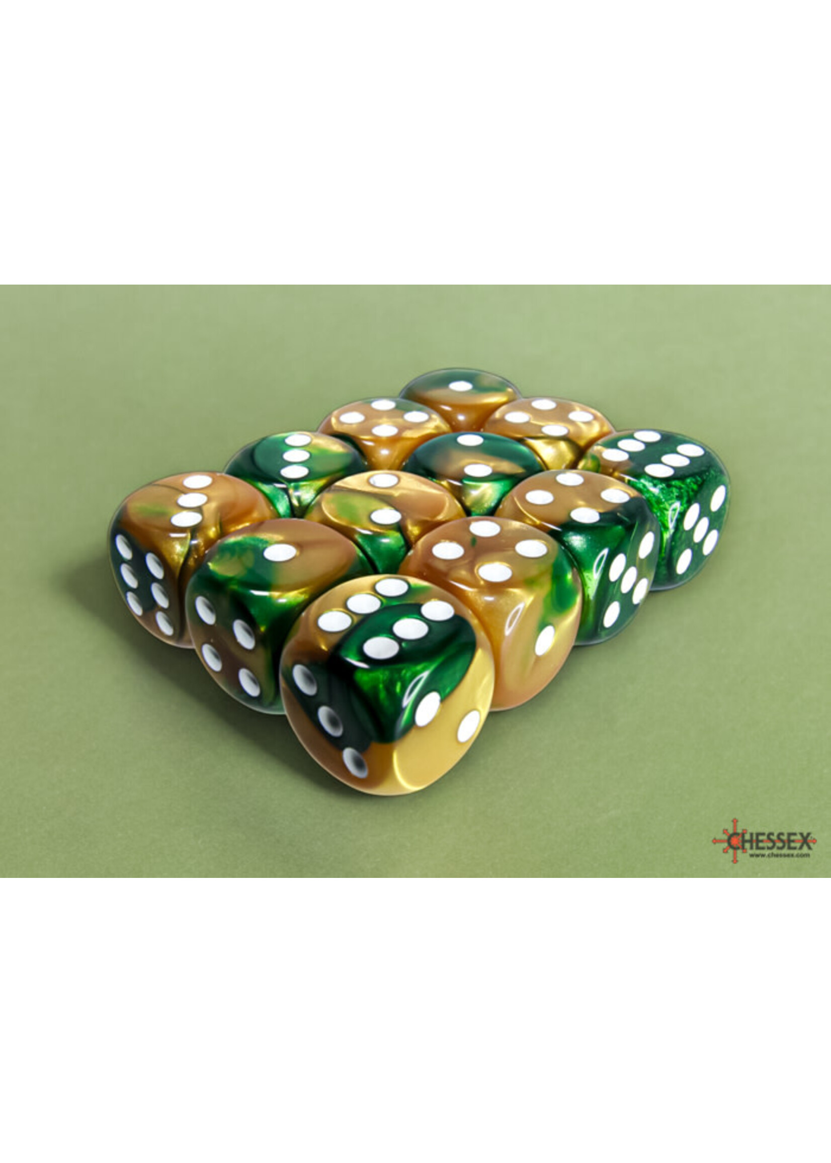 Chessex Gemini Gold-Green/white 16mm d6 Dice Block (12 dice)