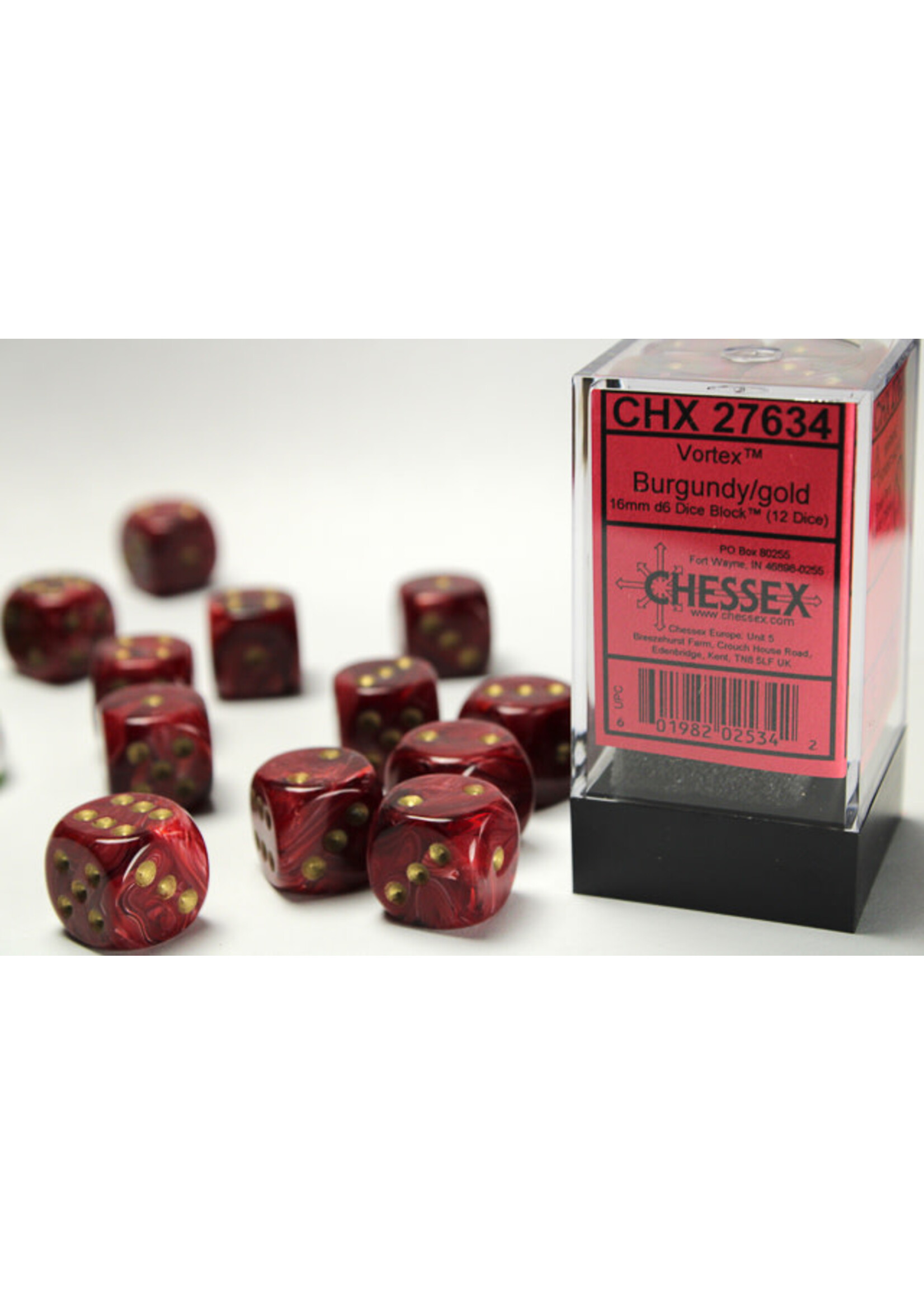 Chessex Vortex Burgundy/gold 16mm d6 Dice Block (12 dice)