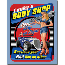 Novelty  Metal Tin Sign 12.5"Wx16"H Lucky's Body Shop Novelty Tin Sign