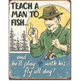 Novelty  Metal Tin Sign 12.5"Wx16"H Schonberg - Teach a Man to Fish Novelty Tin Sign
