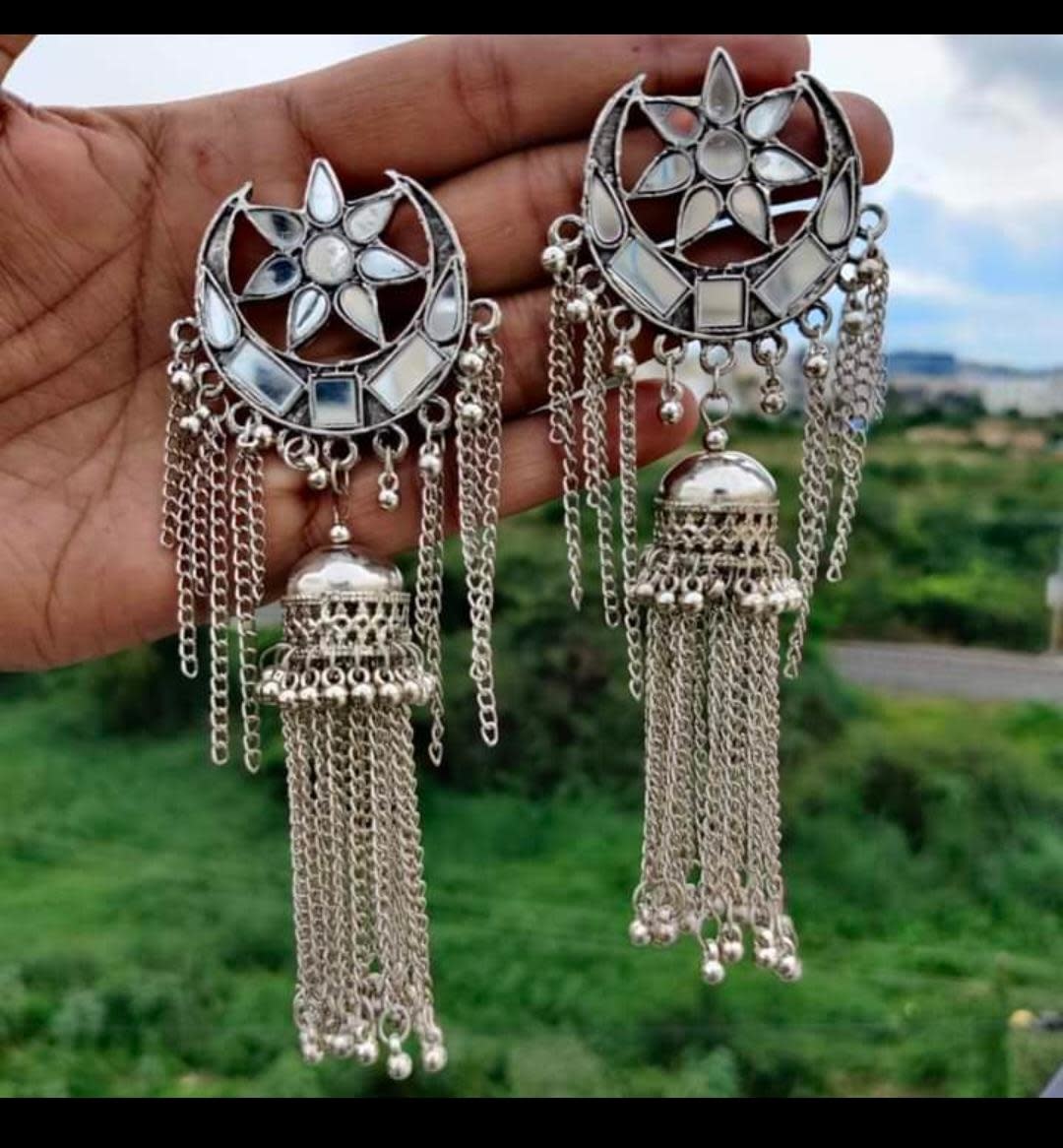 Traditional Designer Oxidized Silver Trishul Bahubali Stud with Jhumki  Earring for Women and Girls. | K M HandiCrafts India