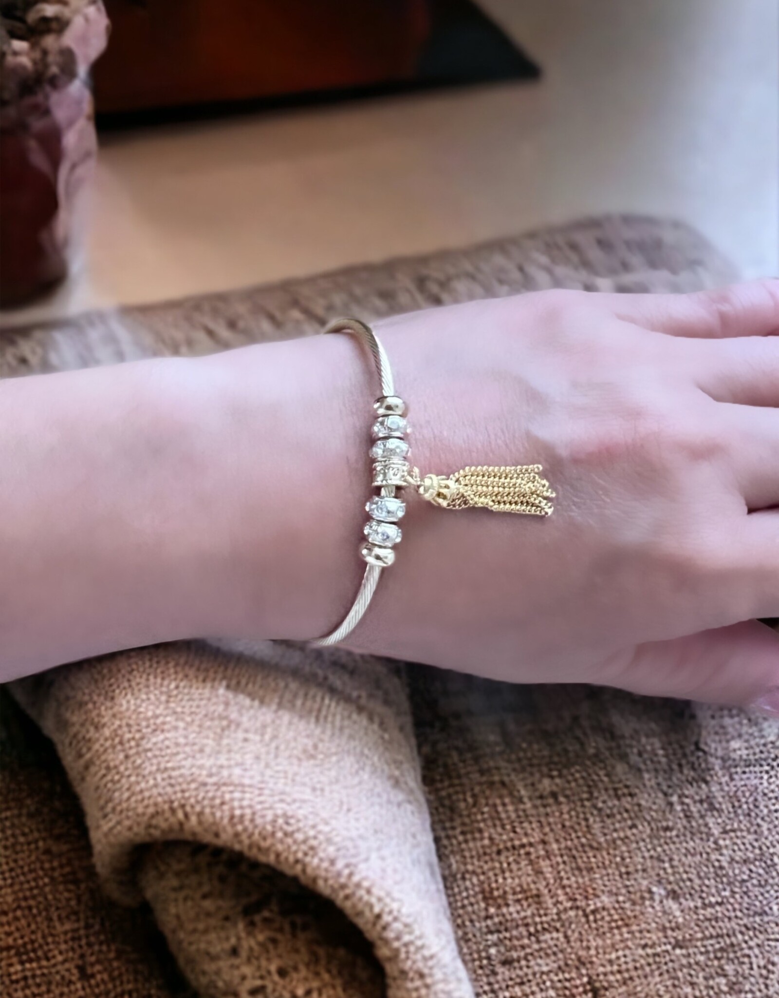 Finaella USA Fashion Jewelry Bangle Yellow Gold Plated with Charms & Tassle Swarovski Crystals