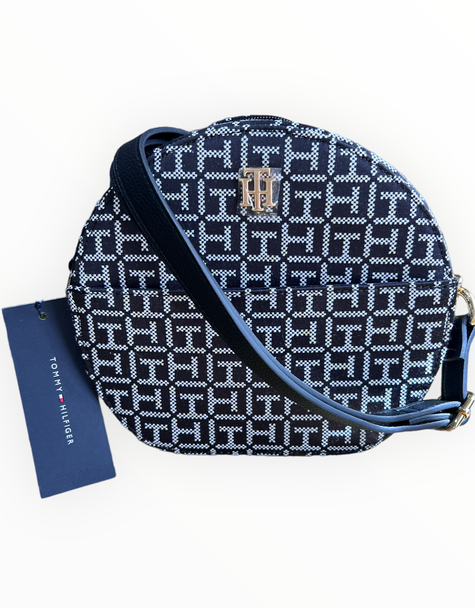 Tommy Hilfiger Tommy Hilfiger Round Crossody Monogram Canvas Adjustable Strap Gold Hardware Front Pocket
