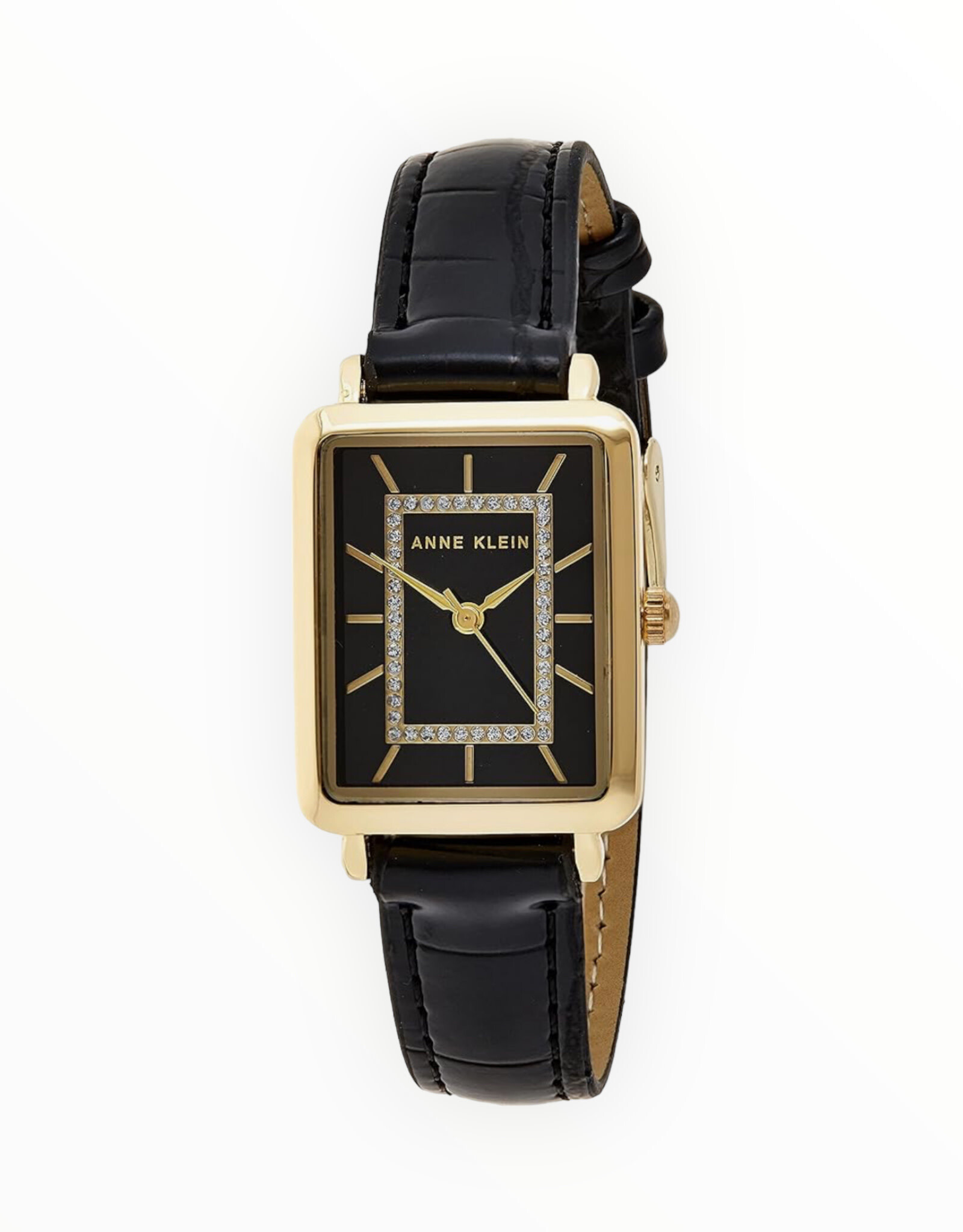 Anne Klein Anne Klein Watch Glitter Accented Glossy Black Dial with Yellow Gold-Tone Case Hand & Markers Black Croco Grain Faux Leather Strap with Buckle Closure