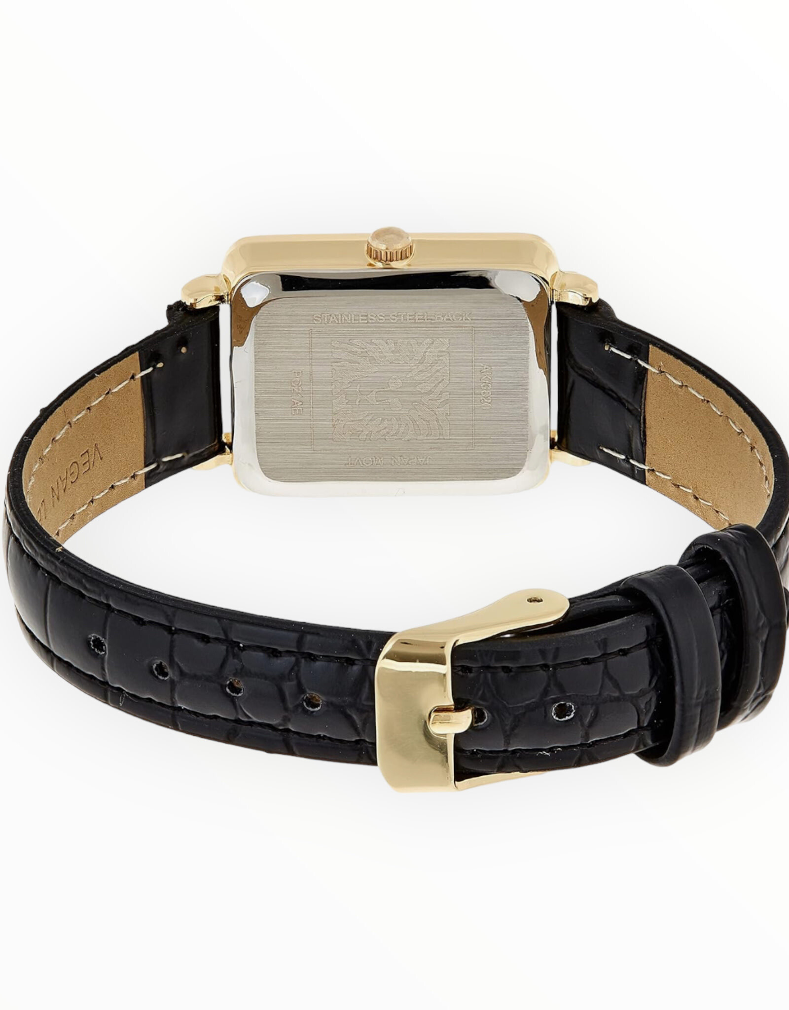 Anne Klein Anne Klein Watch Glitter Accented Glossy Black Dial with Yellow Gold-Tone Case Hand & Markers Black Croco Grain Faux Leather Strap with Buckle Closure