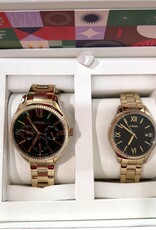 Fossil Fossil Watch His & Hers Yellow Gold Plated Stainless Steel Bracelet Round Black Steel Case