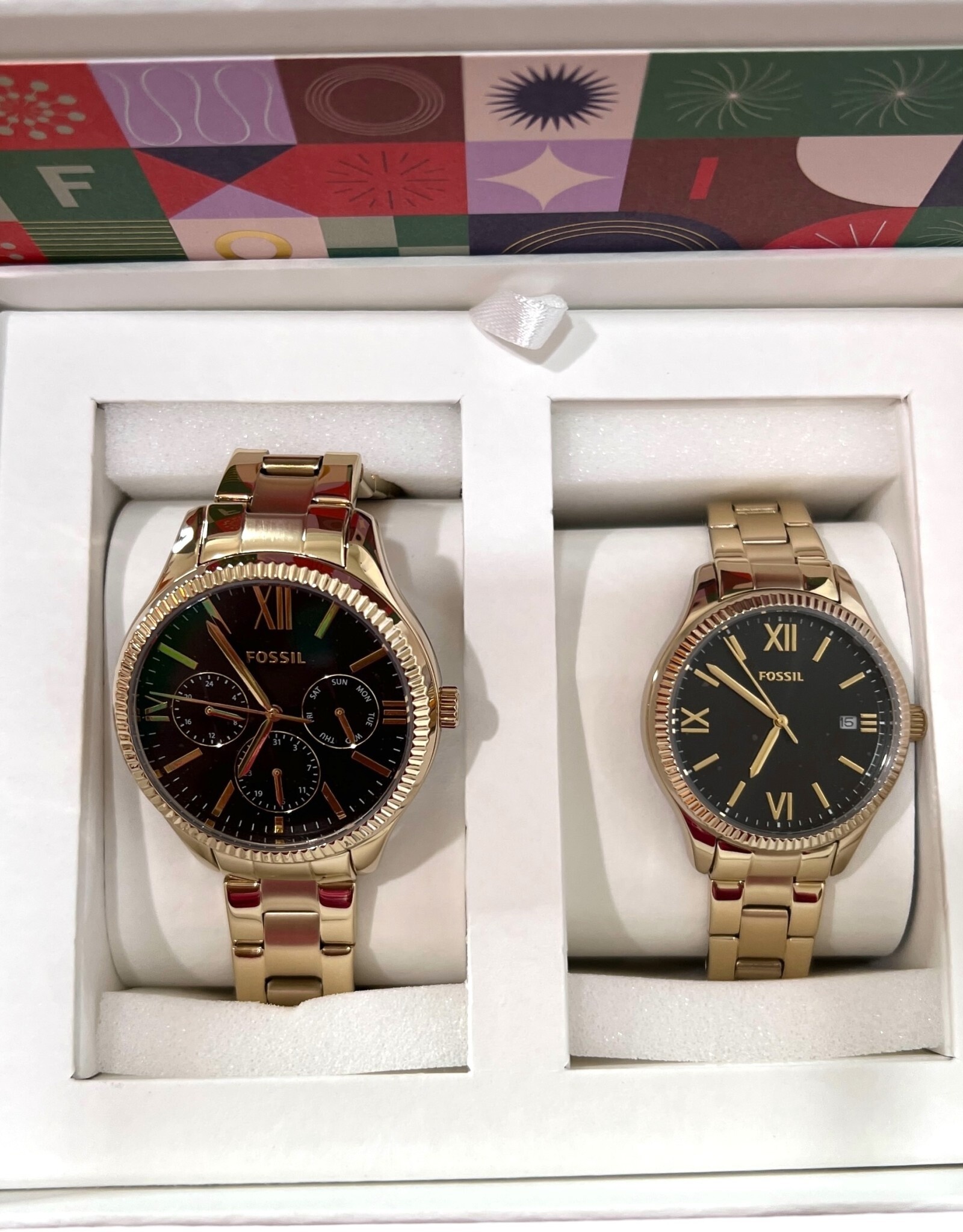 Fossil Fossil Watch His & Hers Yellow Gold Plated Stainless Steel Bracelet Round Black Steel Case