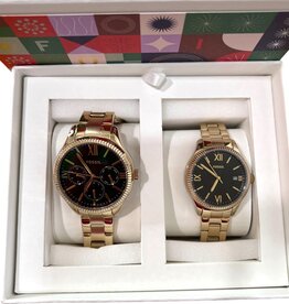 Fossil Fossil Watch His & Hers Yellow Gold Plated Stainless Steel Bracelet Round Black Steel Case