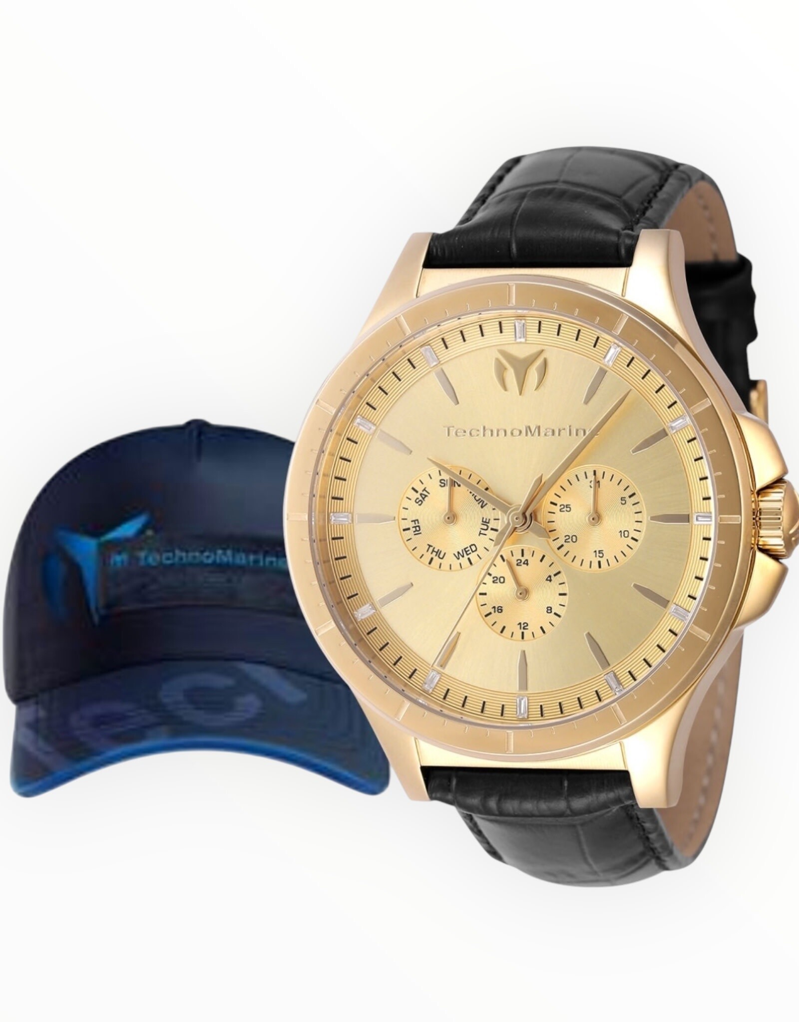 TechnoMarine TechnoMarine MoonSun Men’s Watch 45mm Black /Yellow Gold Tone + TechnoMarine Baseball Men’s Hat Blue
