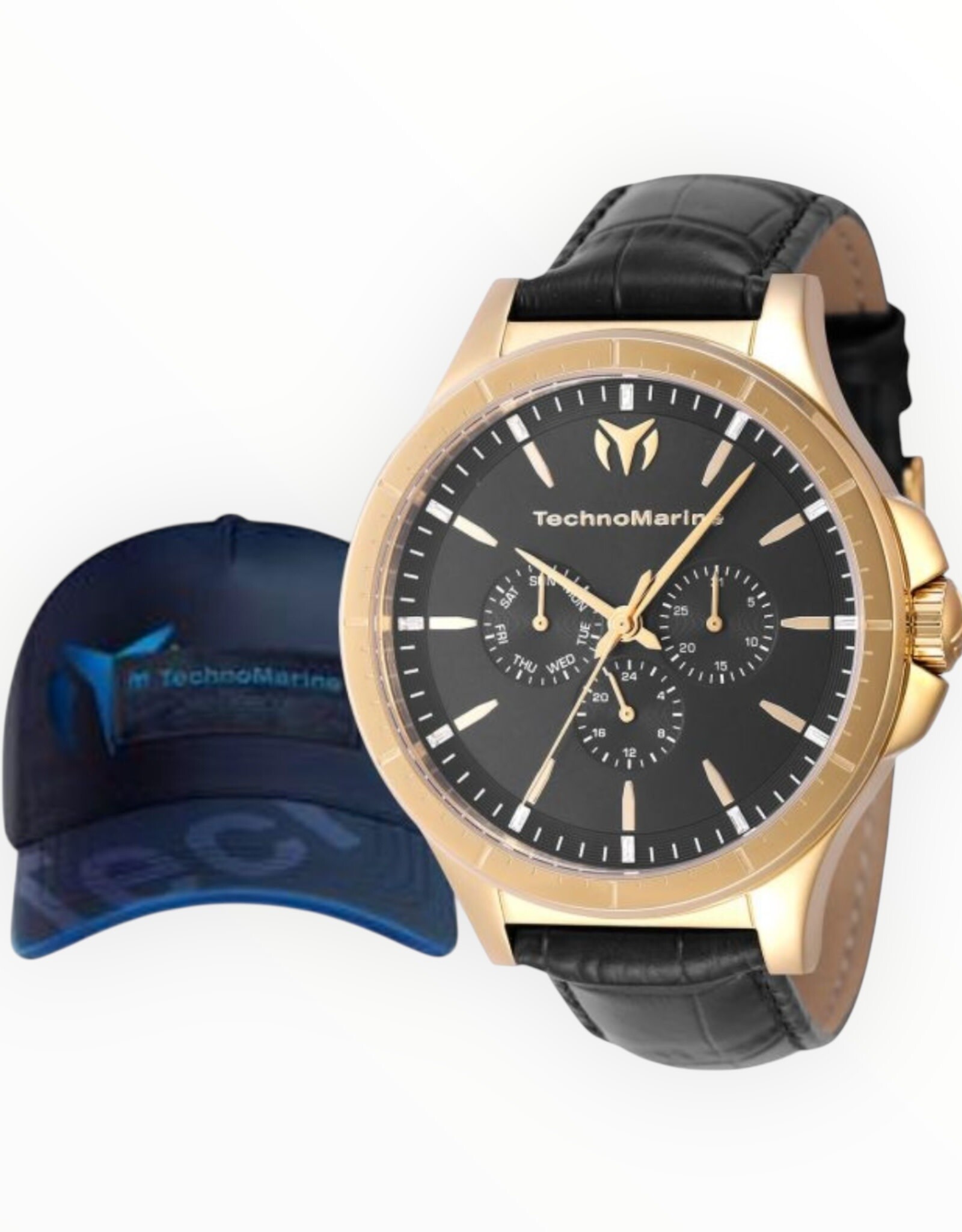 TechnoMarine TechnoMarine MoonSun Men’s Watch 45mm Black Yellow Gold Tone + TechnoMarine Baseball Men’s Hat Blue