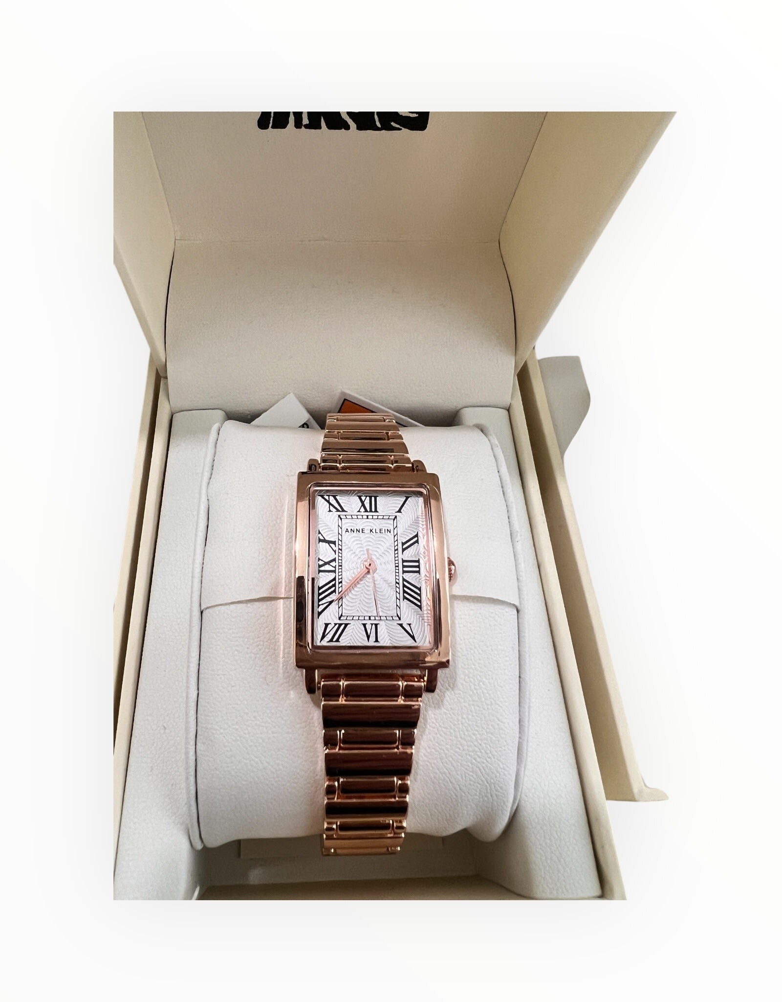 Anne Klein Anne Klein Watch Rectangular White Face Roman Numerals Rose Gold Tone Strap