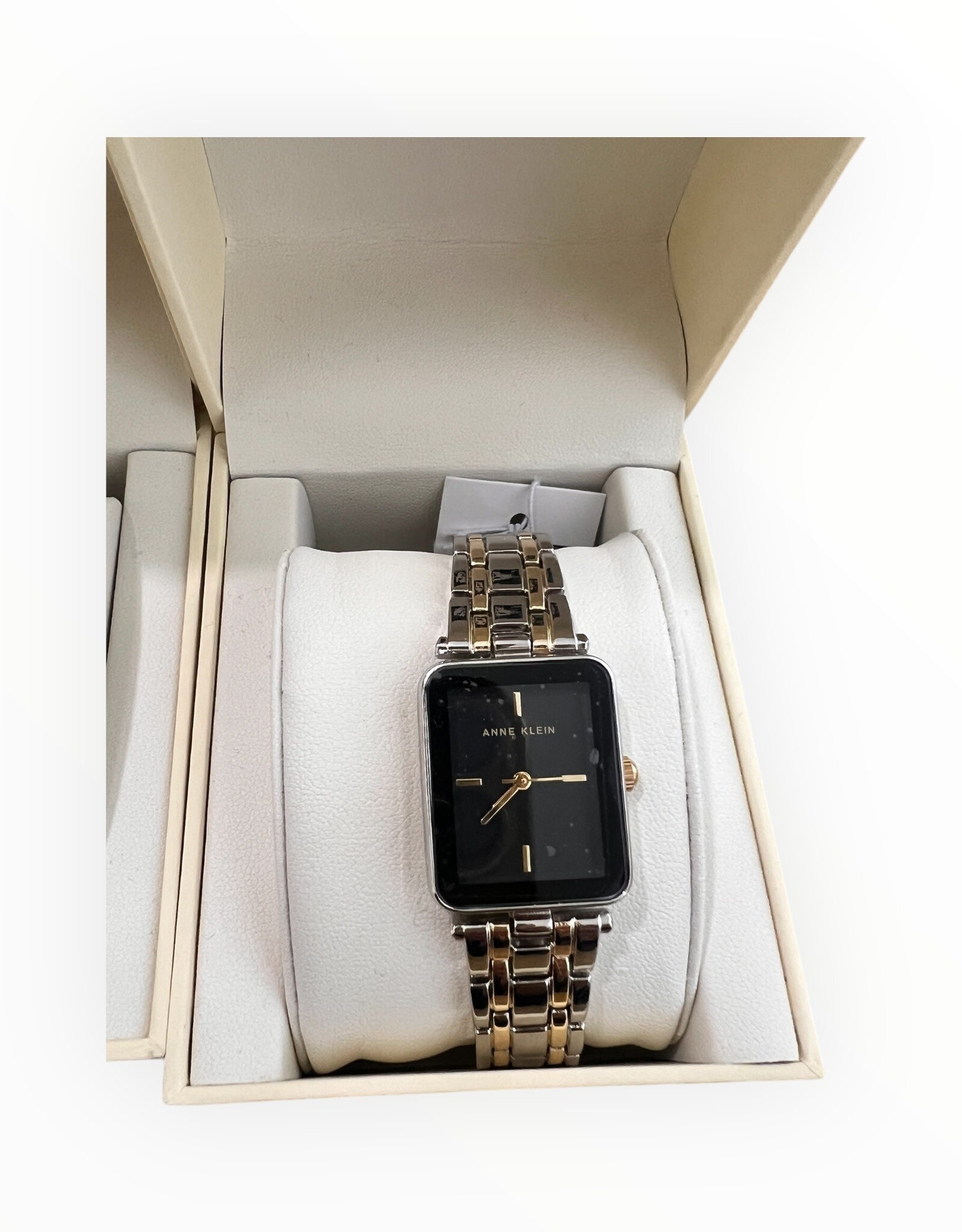 Anne Klein Anne Klein Watch Rectangular Black Face Two Tone Silver & Yellow Gold Tone Bracelet