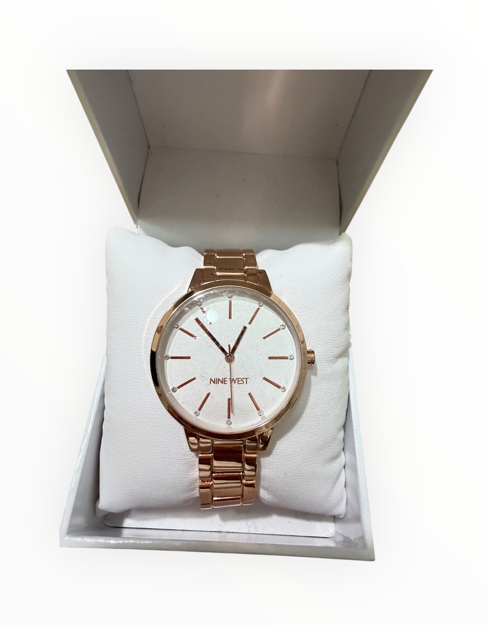 Nine West Nine West Watch Round White Case Rose Gold Tone Bracelet