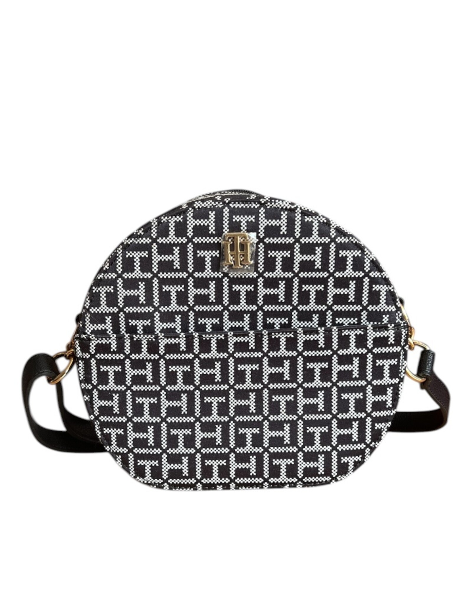Tommy Hilfiger Tommy Hilfiger Round Crossody Monogram Canvas Adjustable Strap Gold Hardware Front Pocket