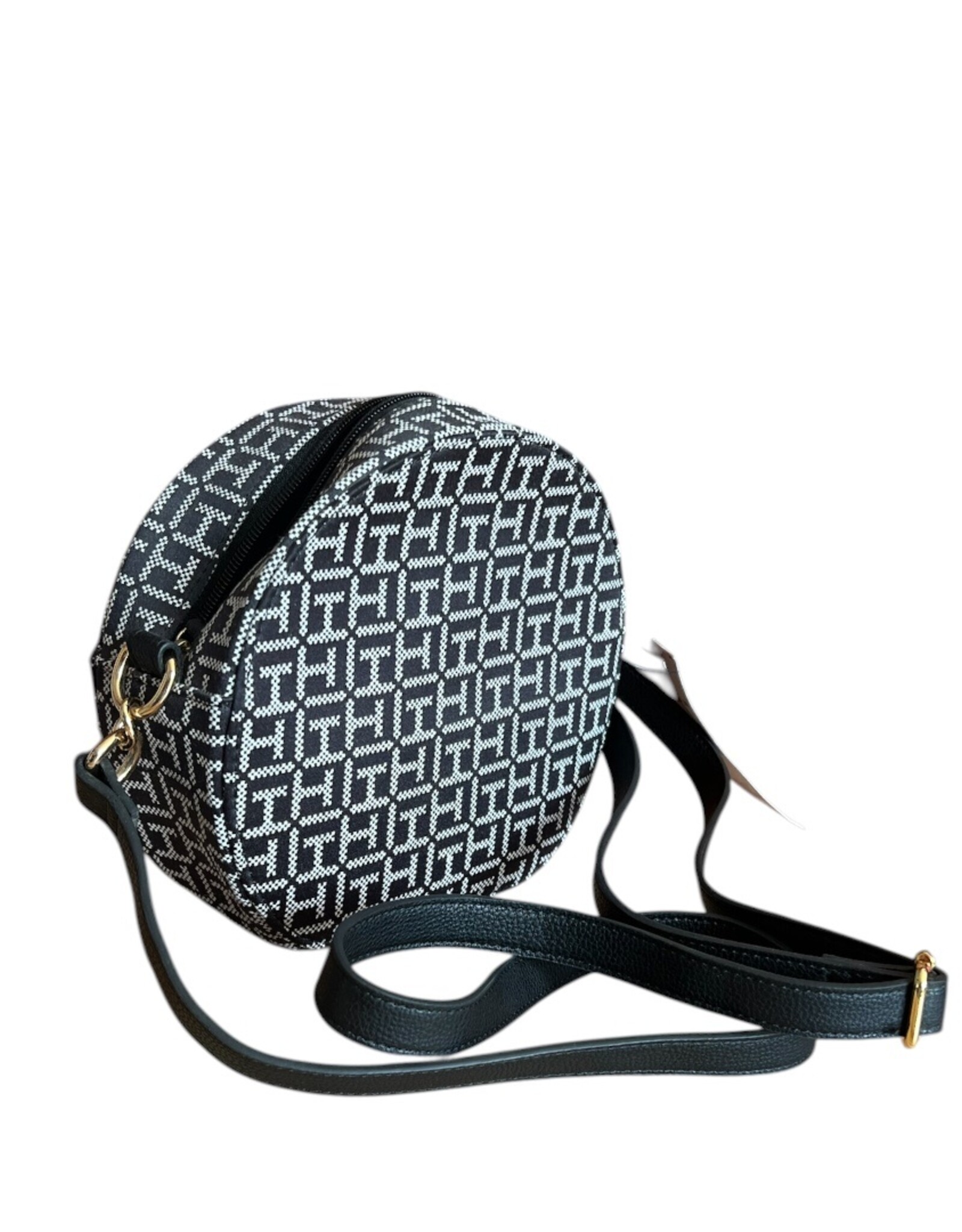 Tommy Hilfiger Tommy Hilfiger Round Crossody Monogram Canvas Adjustable Strap Gold Hardware Front Pocket