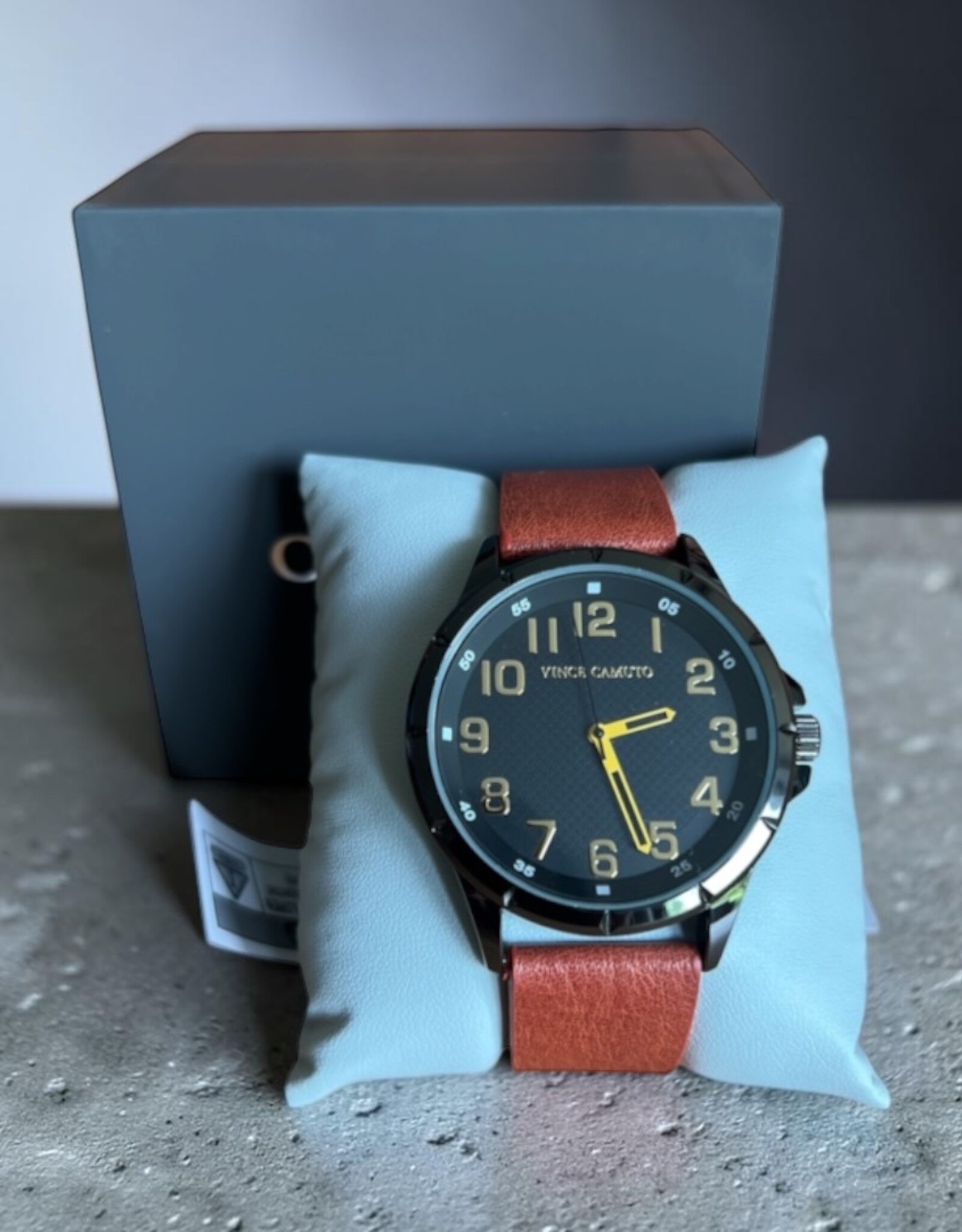 Vince Camuto Vince Camuto Watch Black Dial Numericals Brown Leather Strap