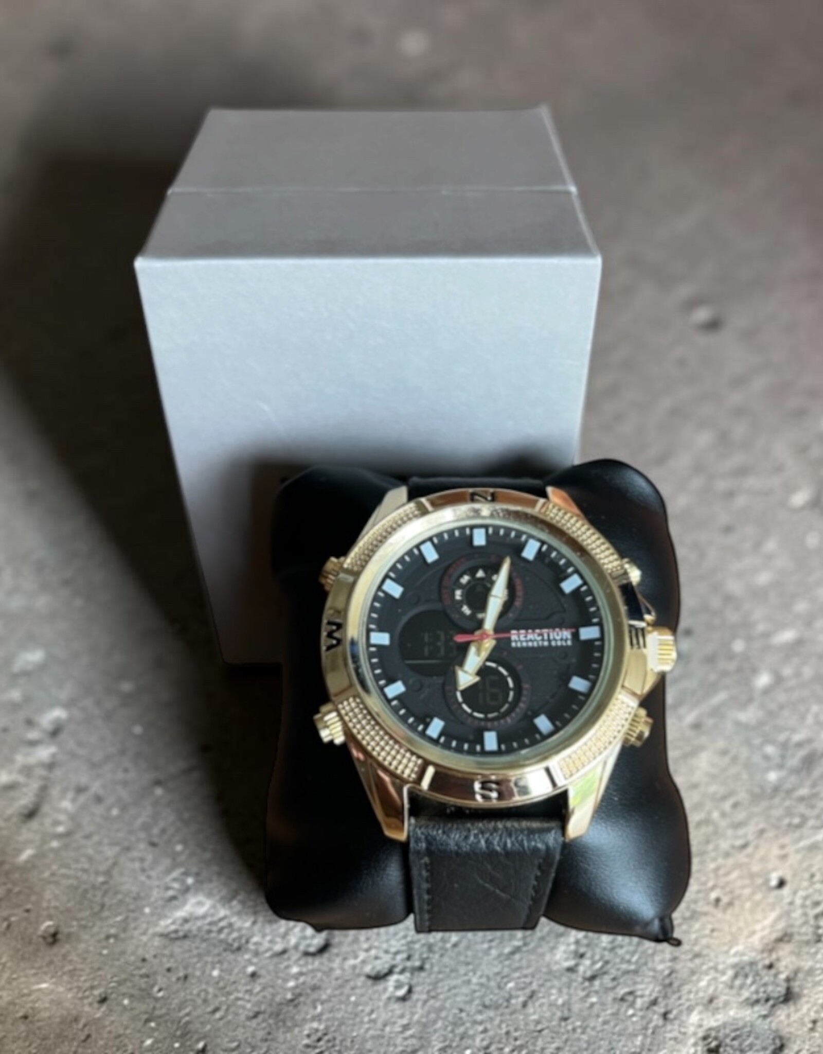Kenneth Cole Reaction Kenneth Cole Reaction Watch Round Black Dial Yellow Gold Bezel Chronograph Black Leather Strap