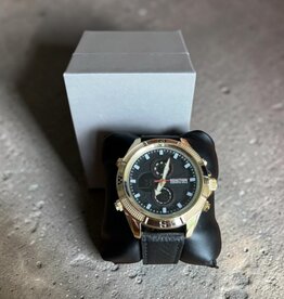 Kenneth Cole Reaction Kenneth Cole Reaction Watch Round Black Dial Yellow Gold Bezel Chronograph Black Leather Strap