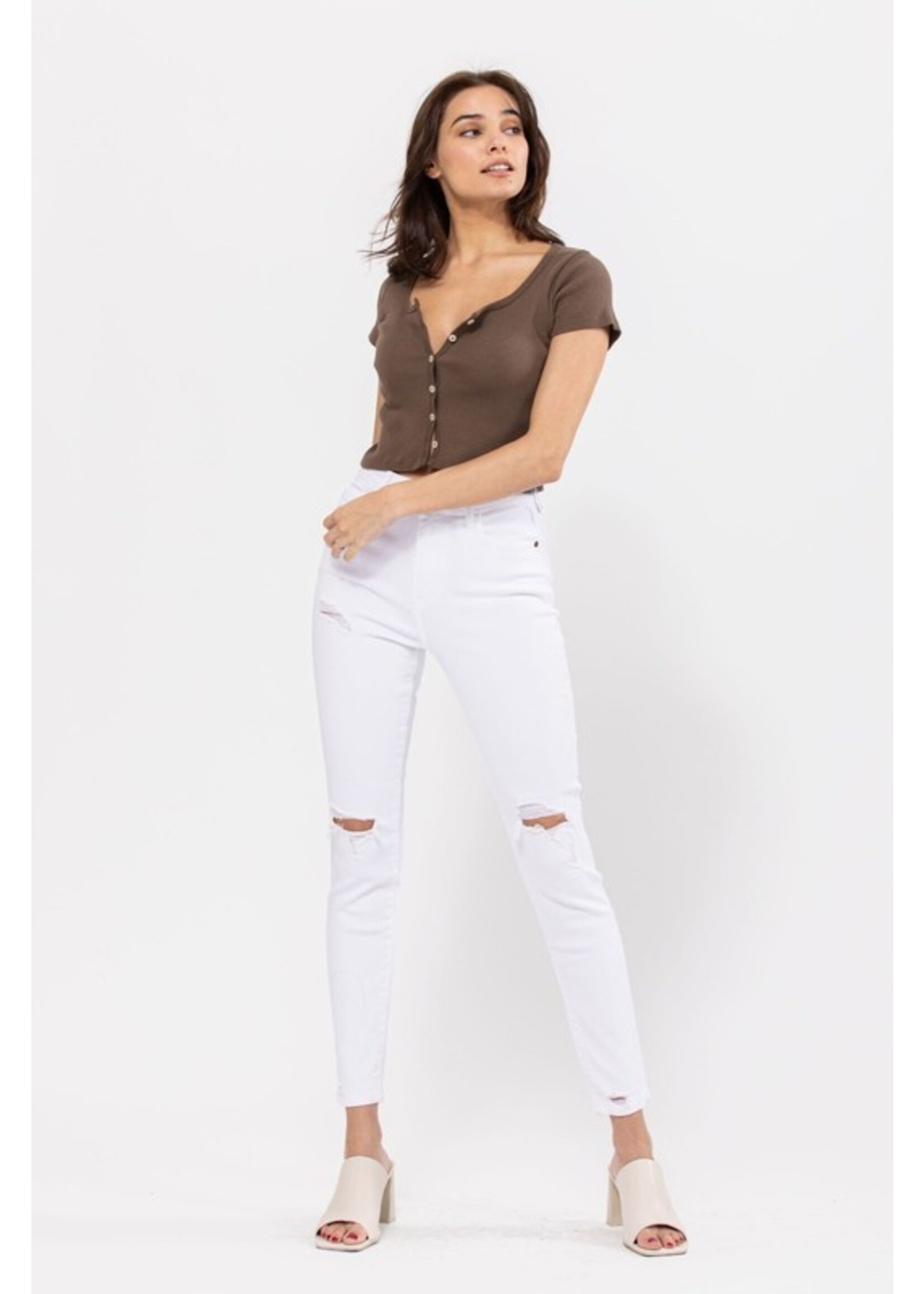 White High Rise Distress Ankle Skinny