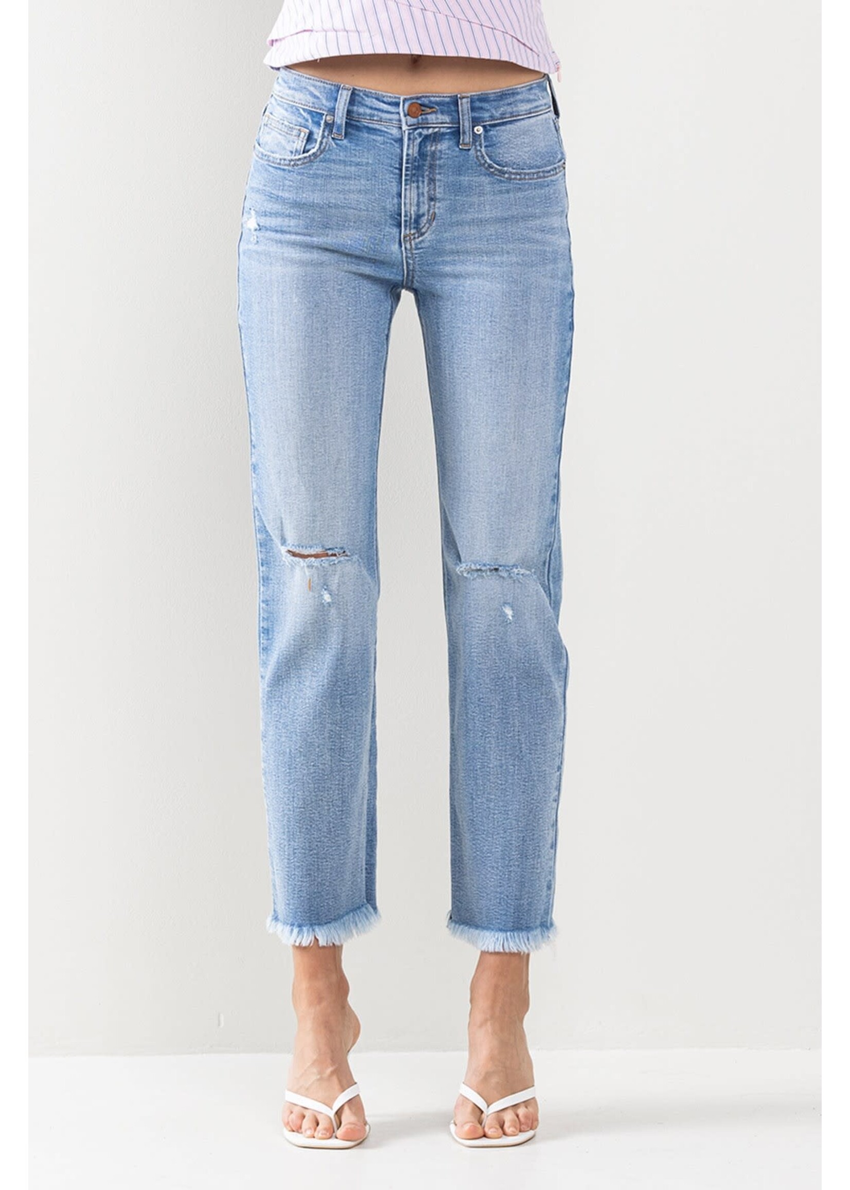 Mid Rise Straight Leg Fray Hem Jeans