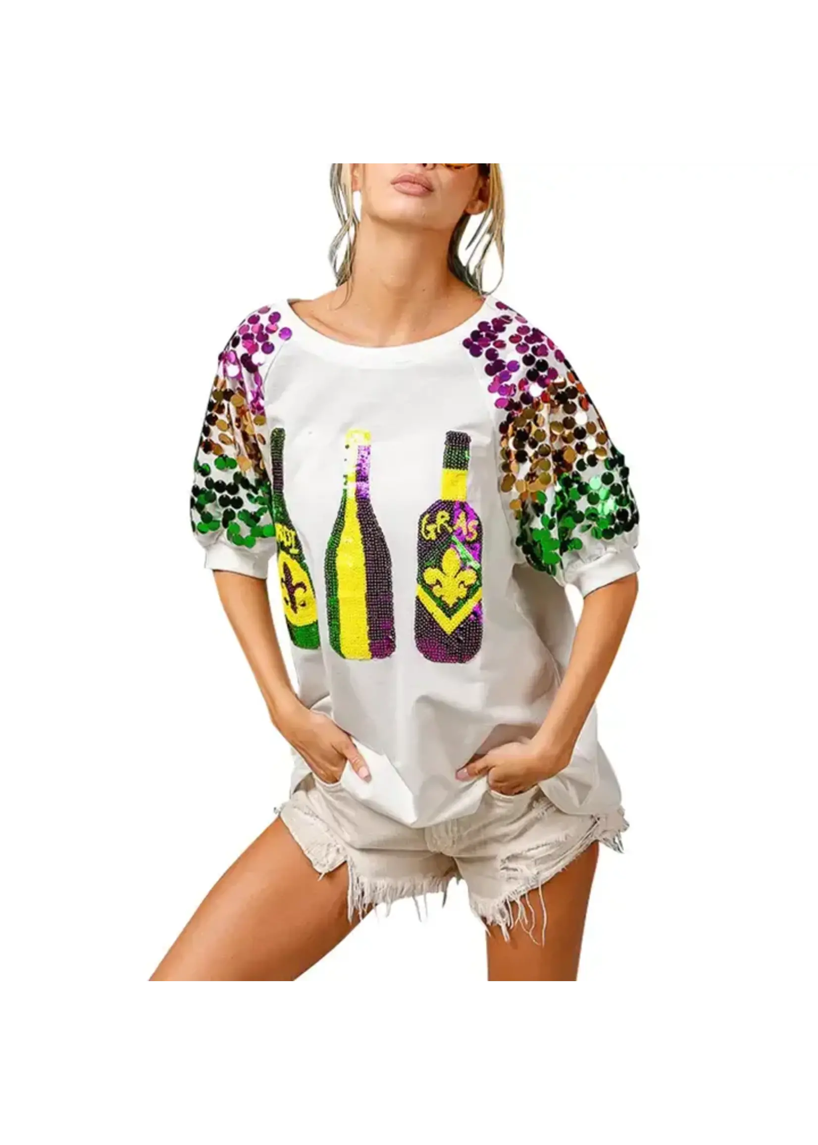 MG Sequin Bottle Pour It Up Top Sleeve Top