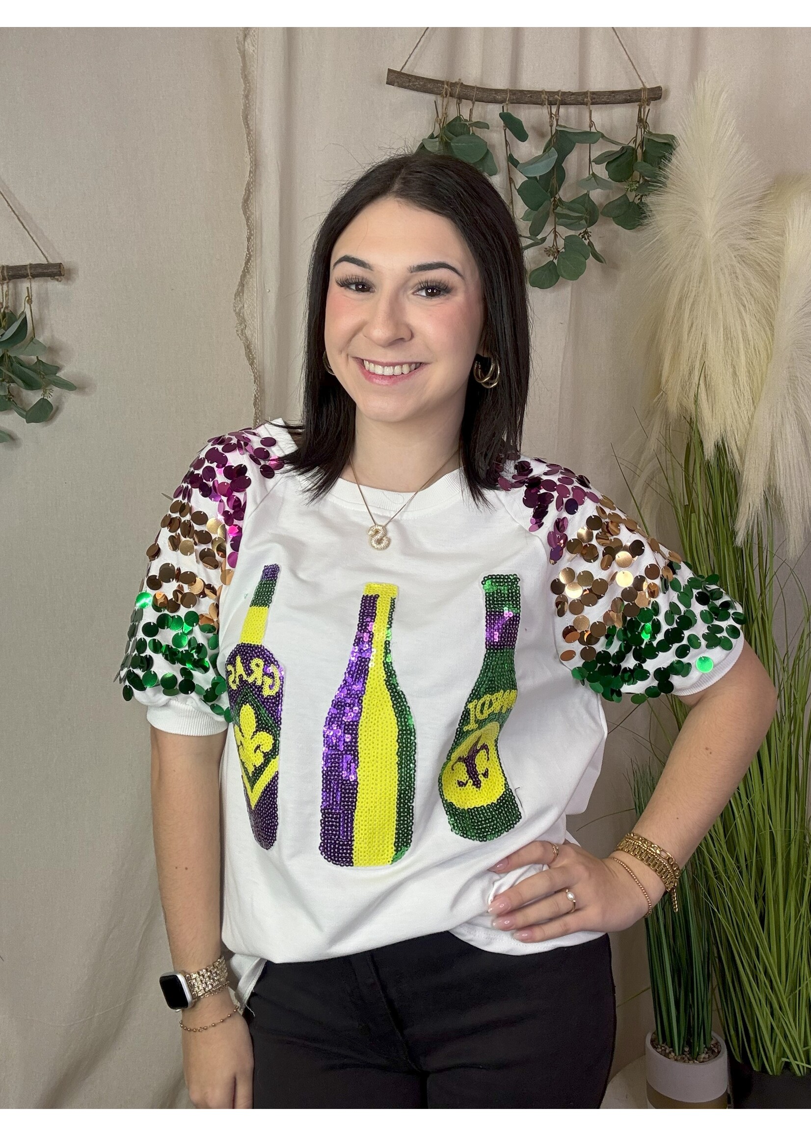 MG Sequin Bottle Pour It Up Top Sleeve Top
