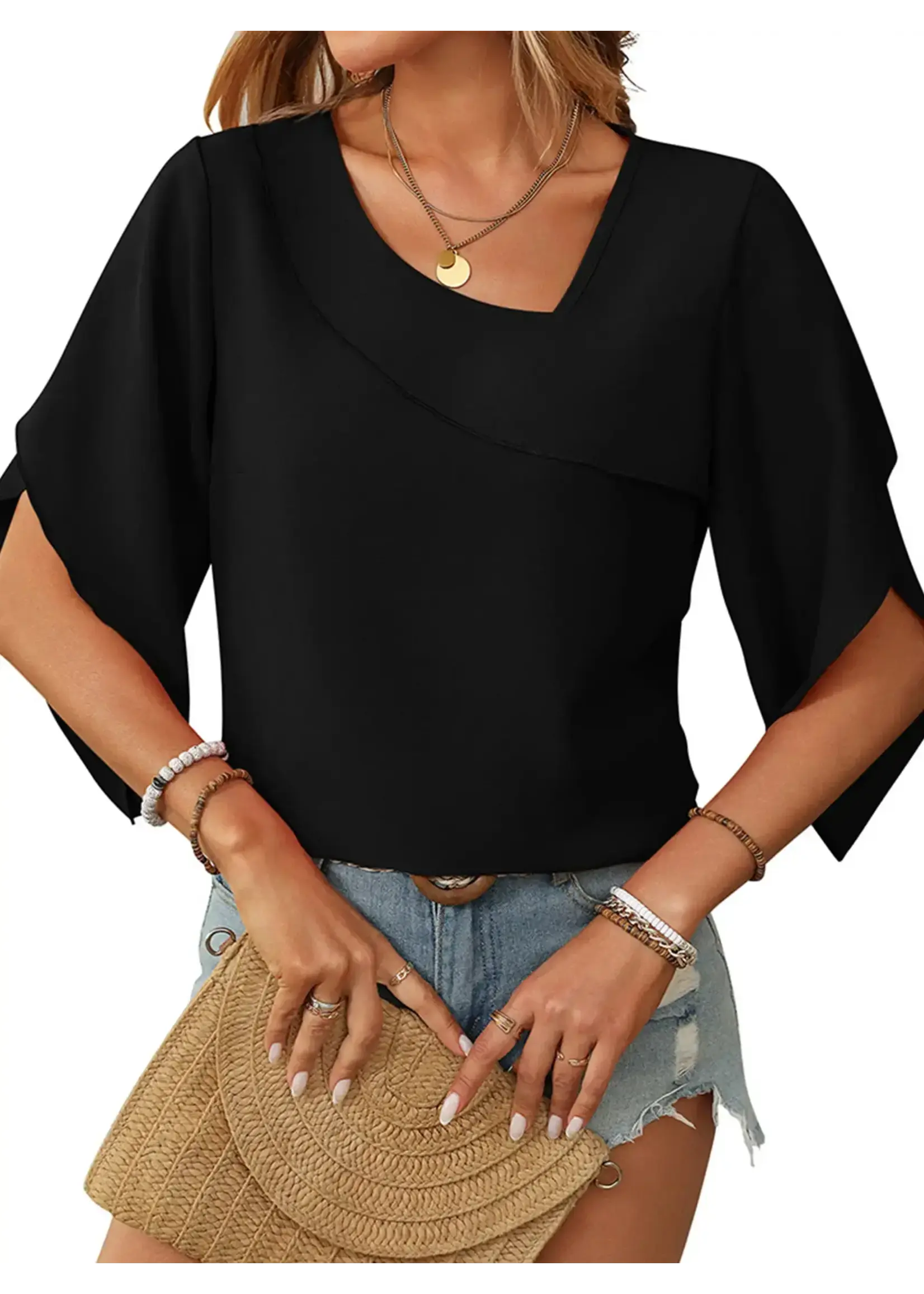 Wholesalesir Slant V-Neck Chiffon Floral Bud Sleeve Top