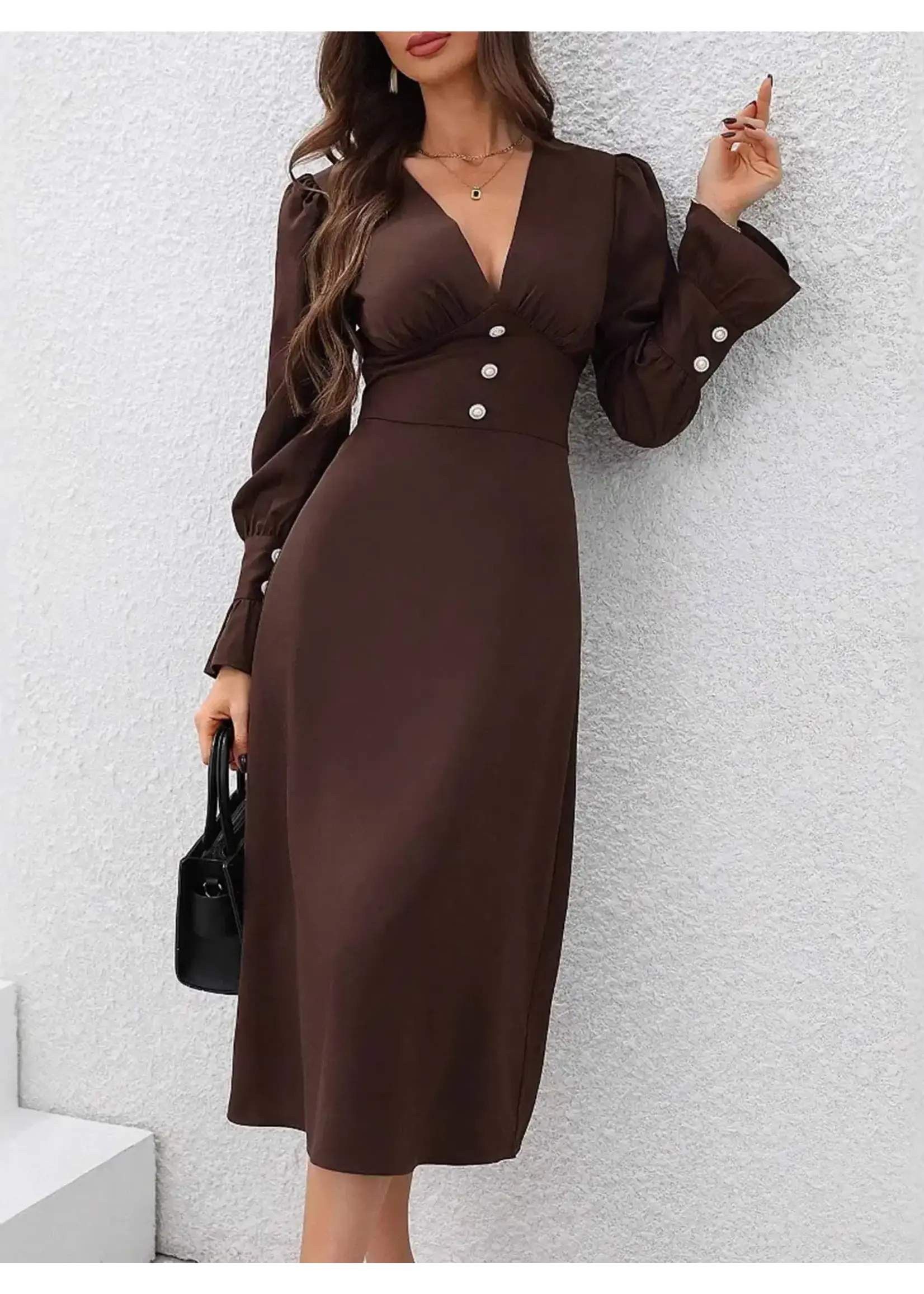 Wholesalesir Solid Color V-Neck Button Up Dress