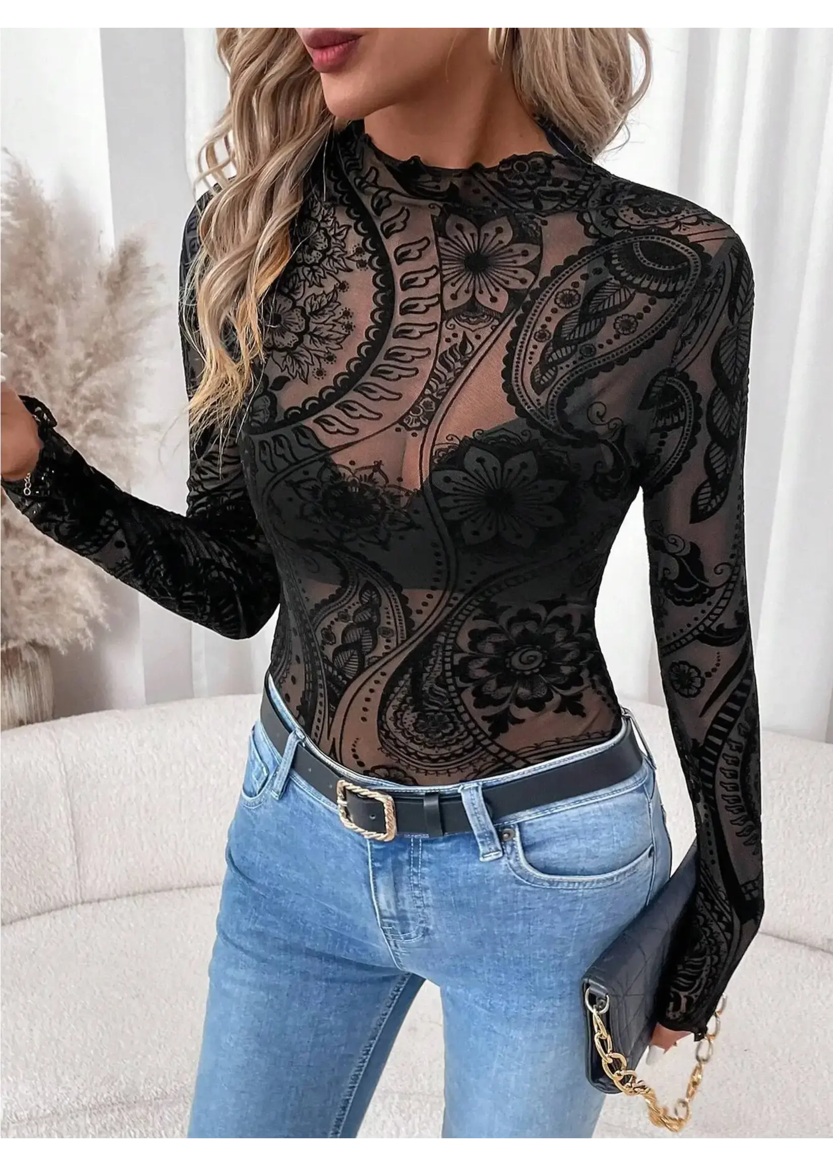 Wholesalesir Fleece Printed Mesh Long Sleeved Top