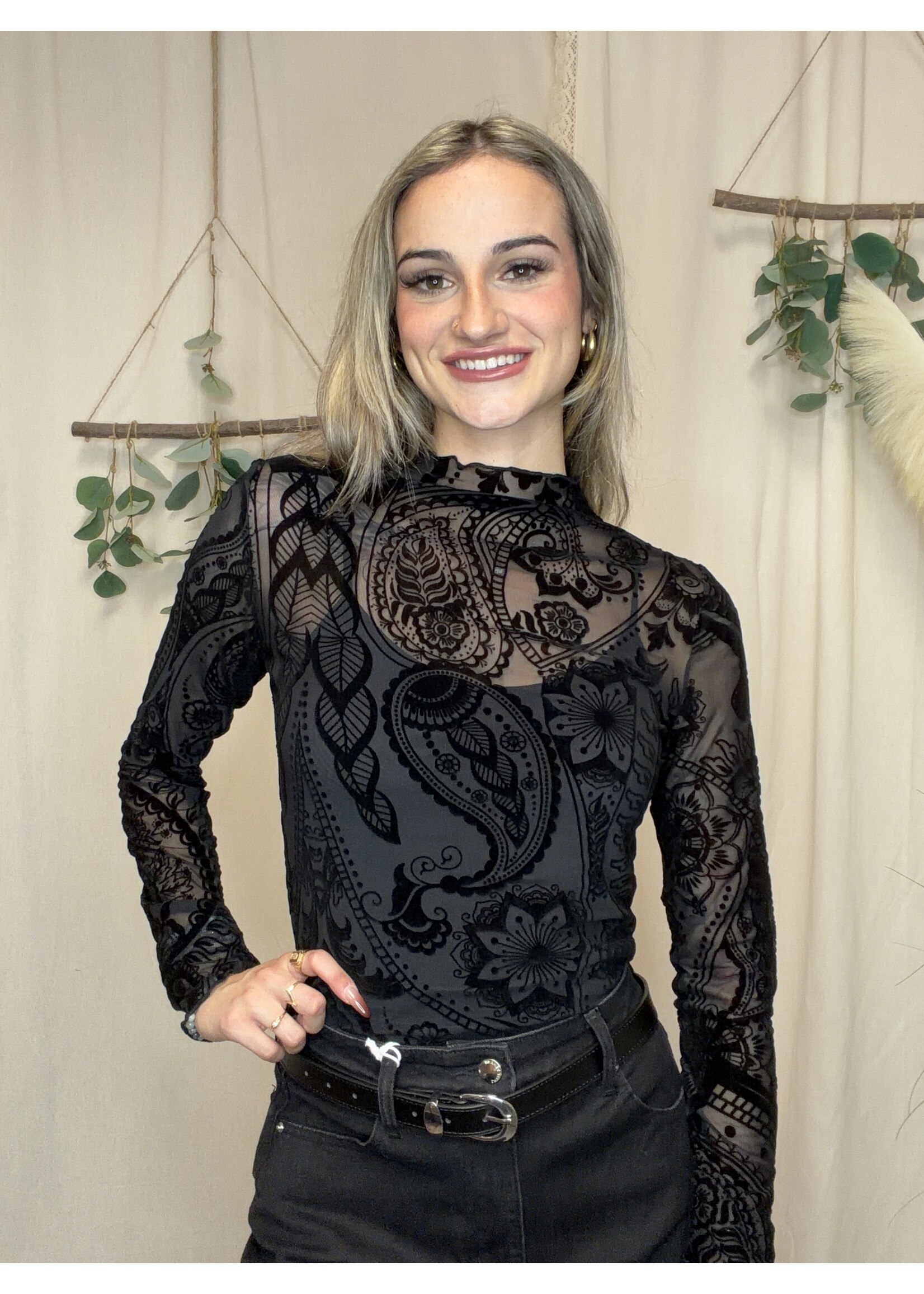 Wholesalesir Fleece Printed Mesh Long Sleeved Top