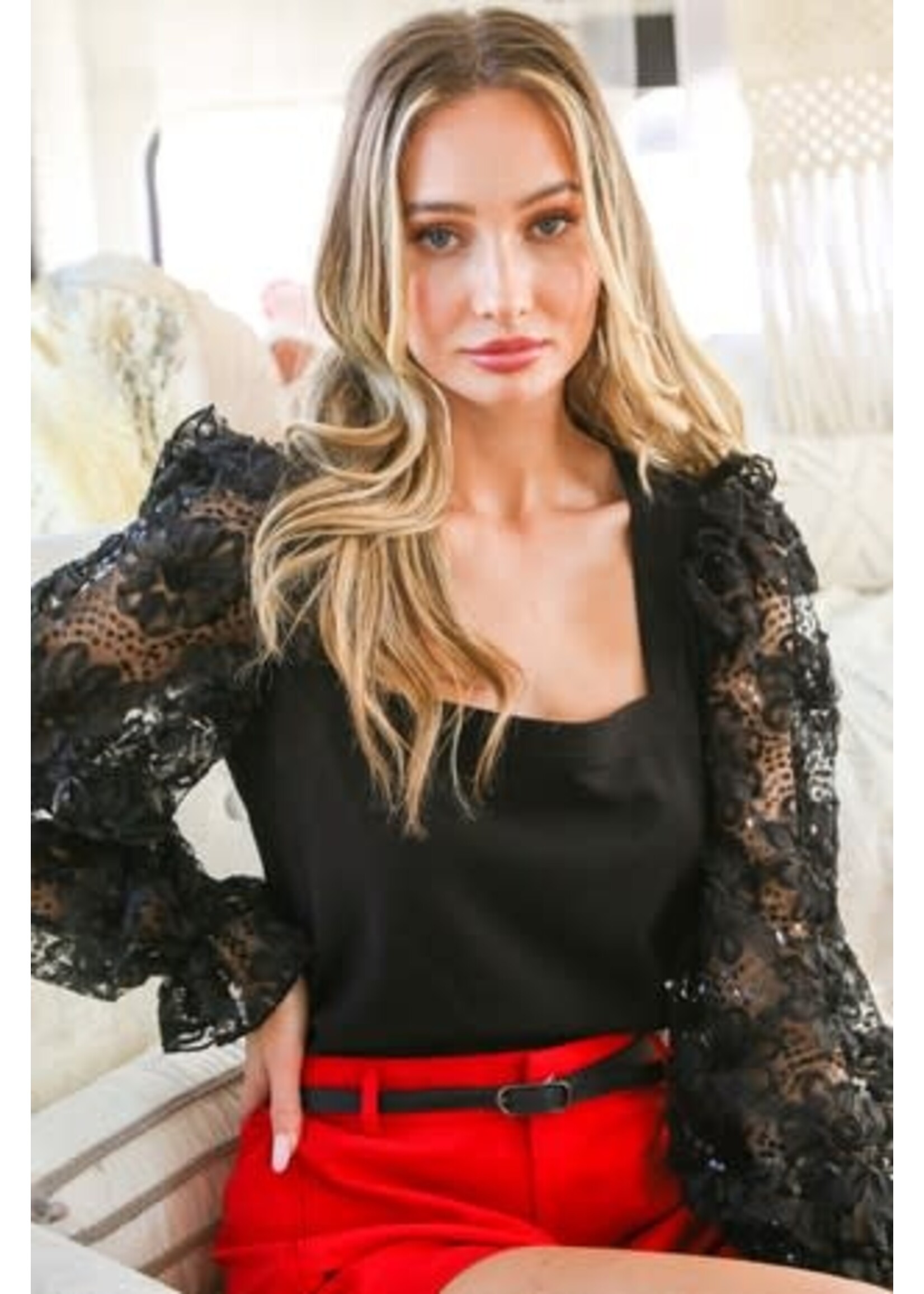 Square Neckline Lace Sequin Top