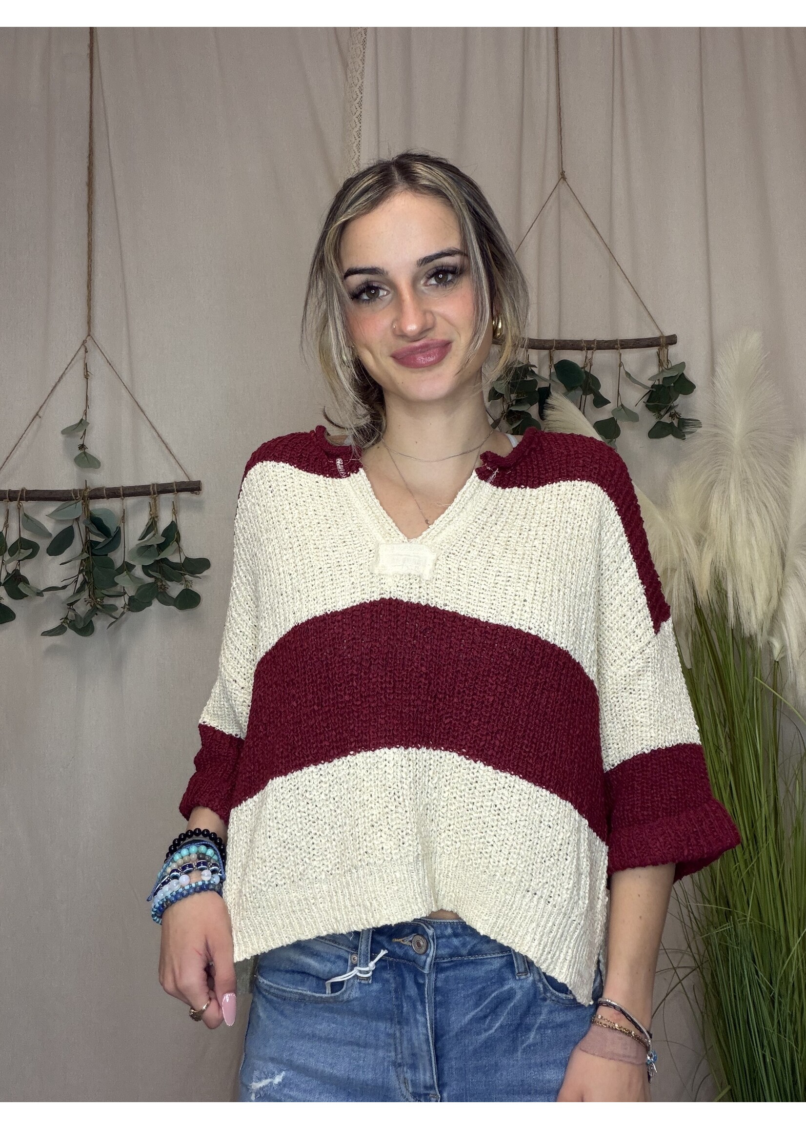 Split Neck Stripe Sweater