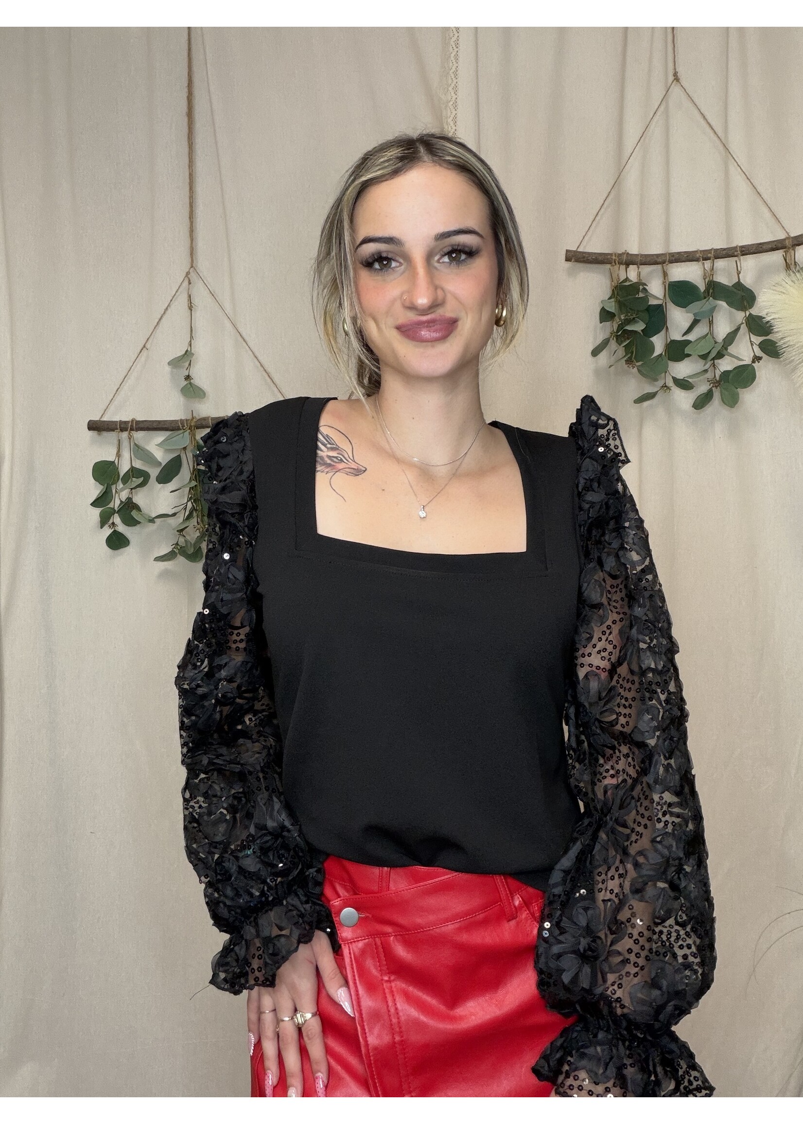 Square Neckline Lace Sequin Top