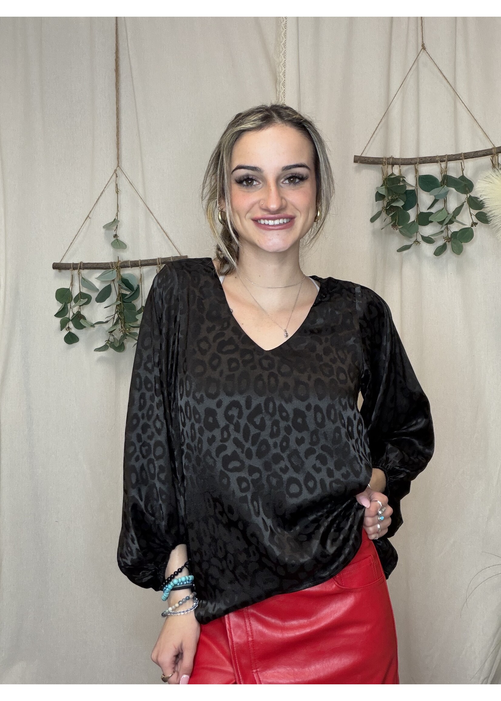 V- Neck Leopard Satin Blouse