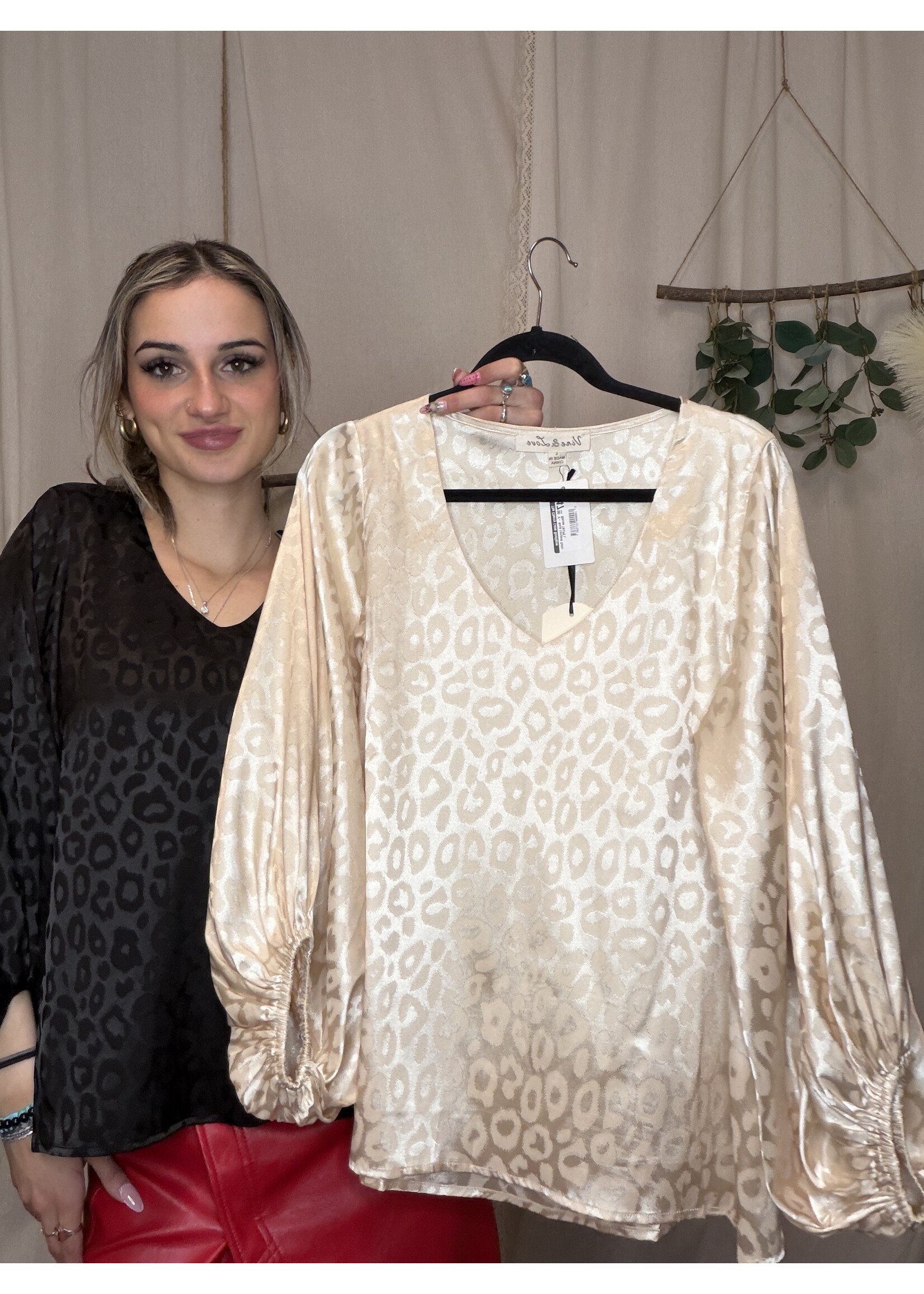 V- Neck Leopard Satin Blouse