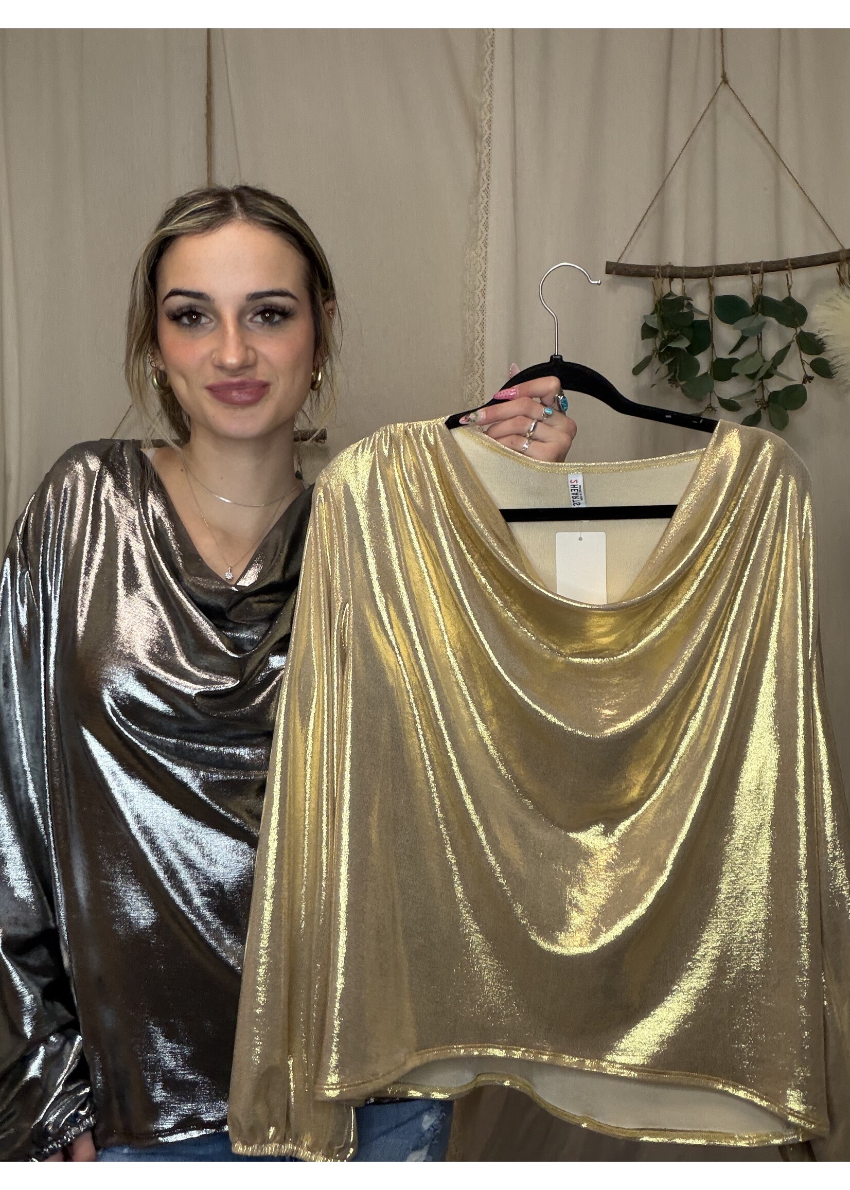 Metallic Cowl Neck Top