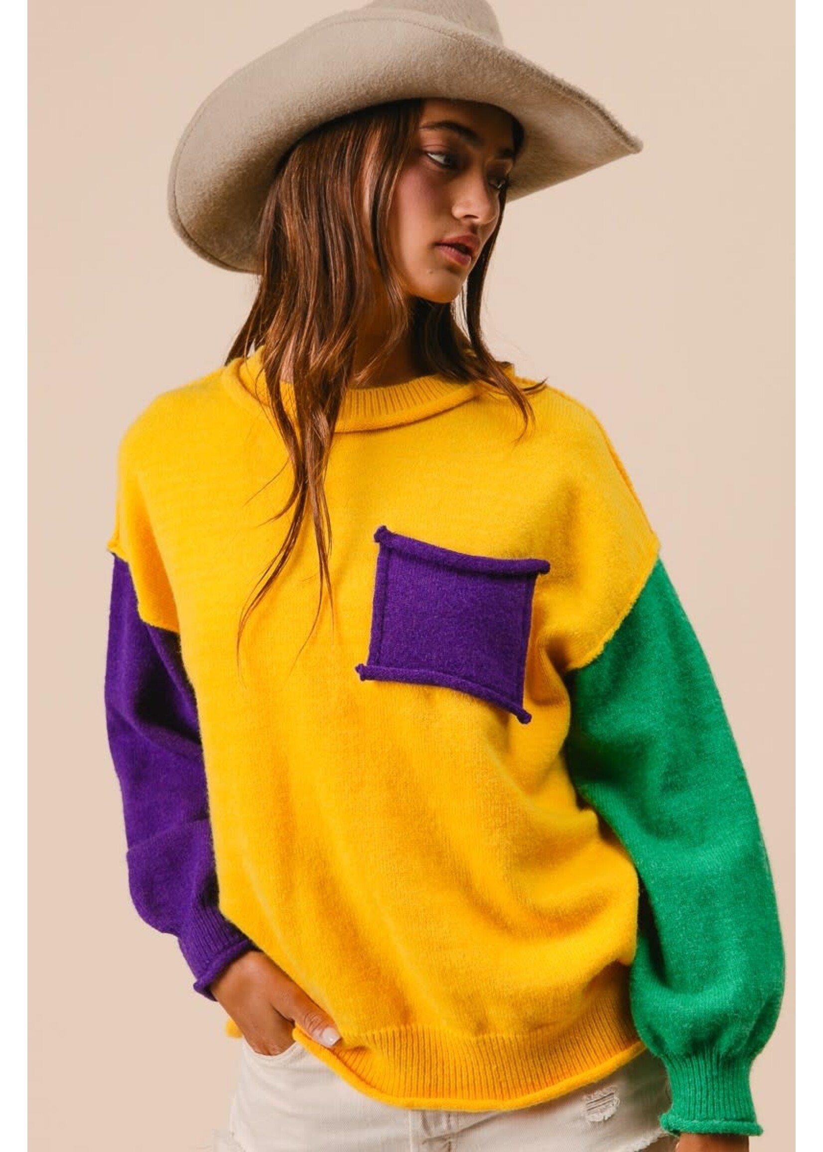 Patch Pocket Mardi Color Block Sweater