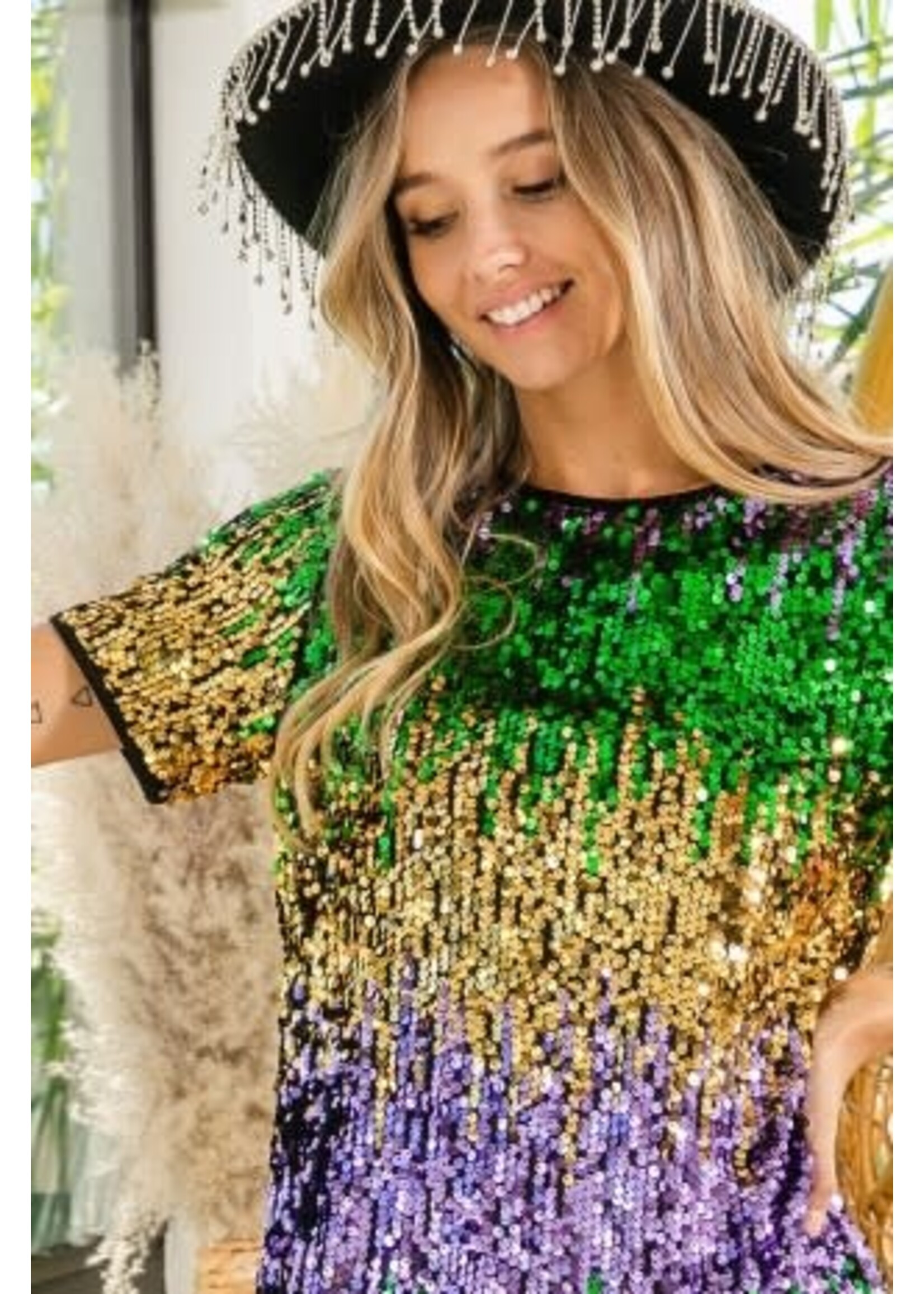 Mardi Gras Color Block Sequin Top