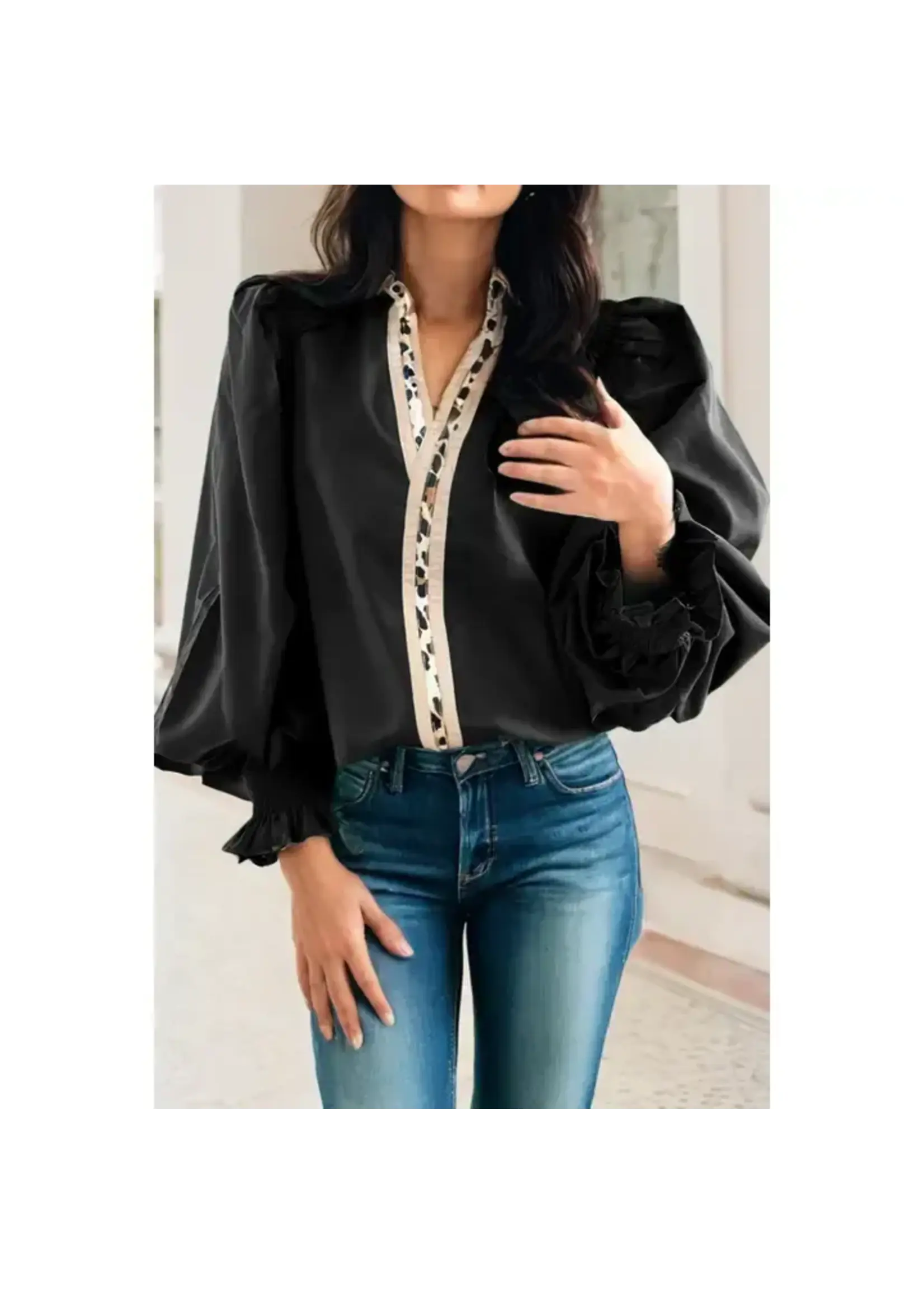 little daisy closet Flounce Sleeve Leopard Trim V-Neck Blouse