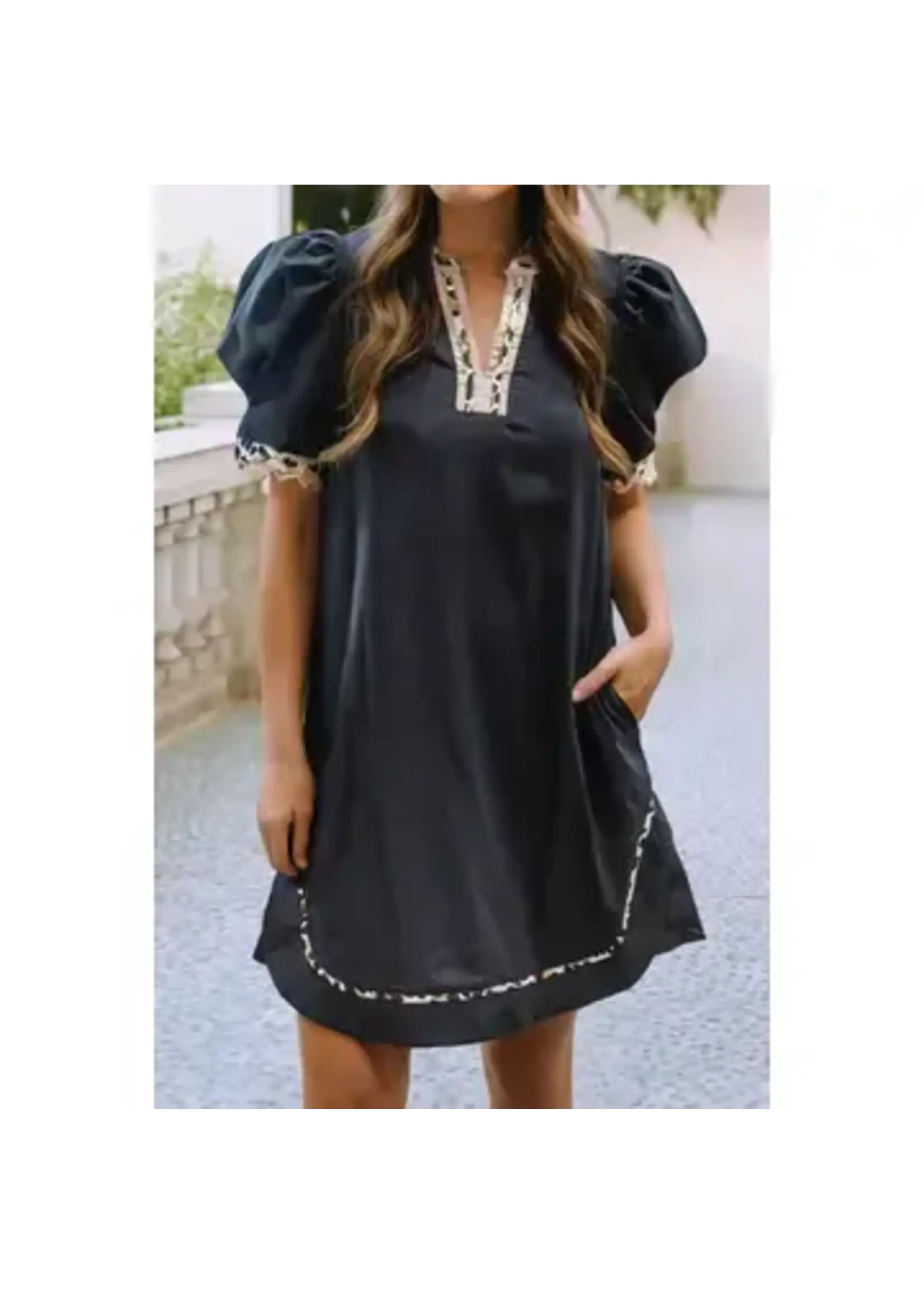 little daisy closet Leopard Notched Neck Puff Sleeve Dress