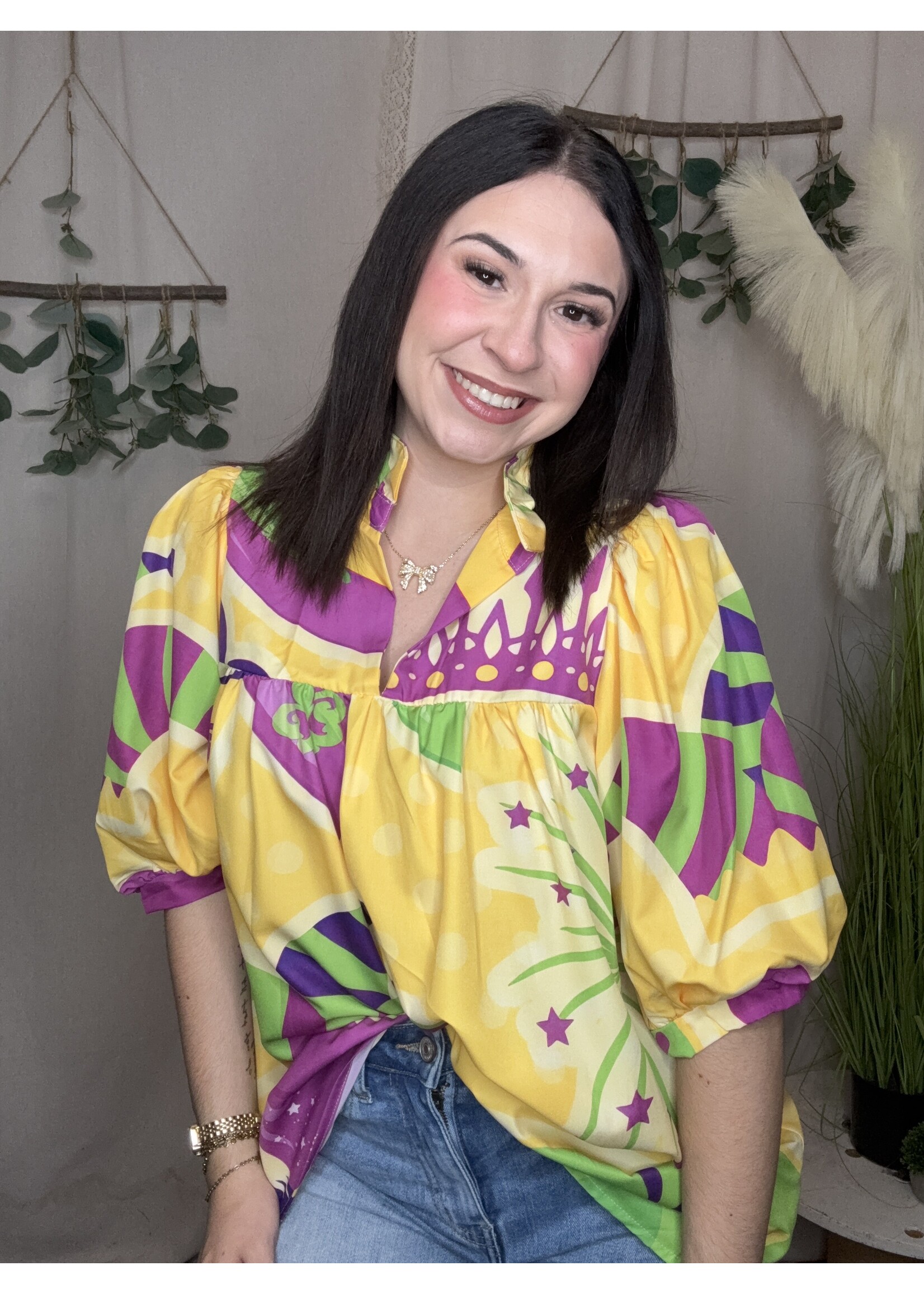 LadyBoutique Puff sleeve SUB Mardi Gras Top