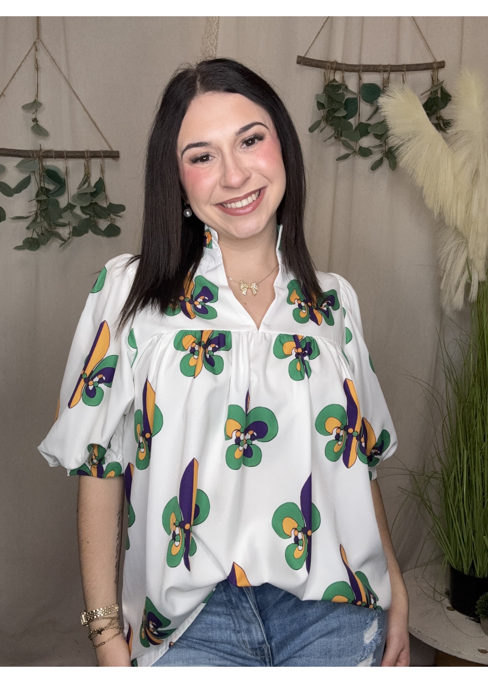 LadyBoutique Puff sleeve SUB Mardi Gras Top